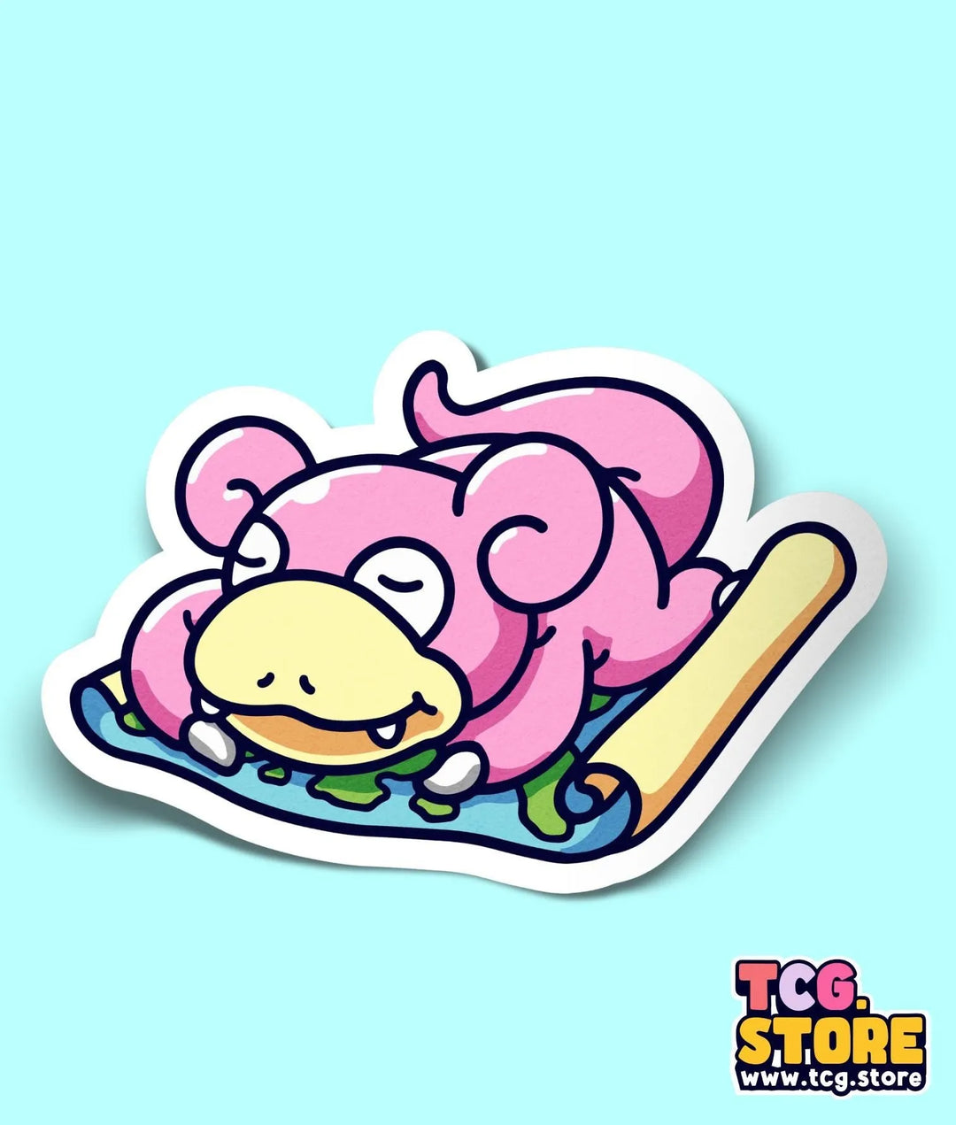 a sticker of a pink animal laying on a baseball bat
