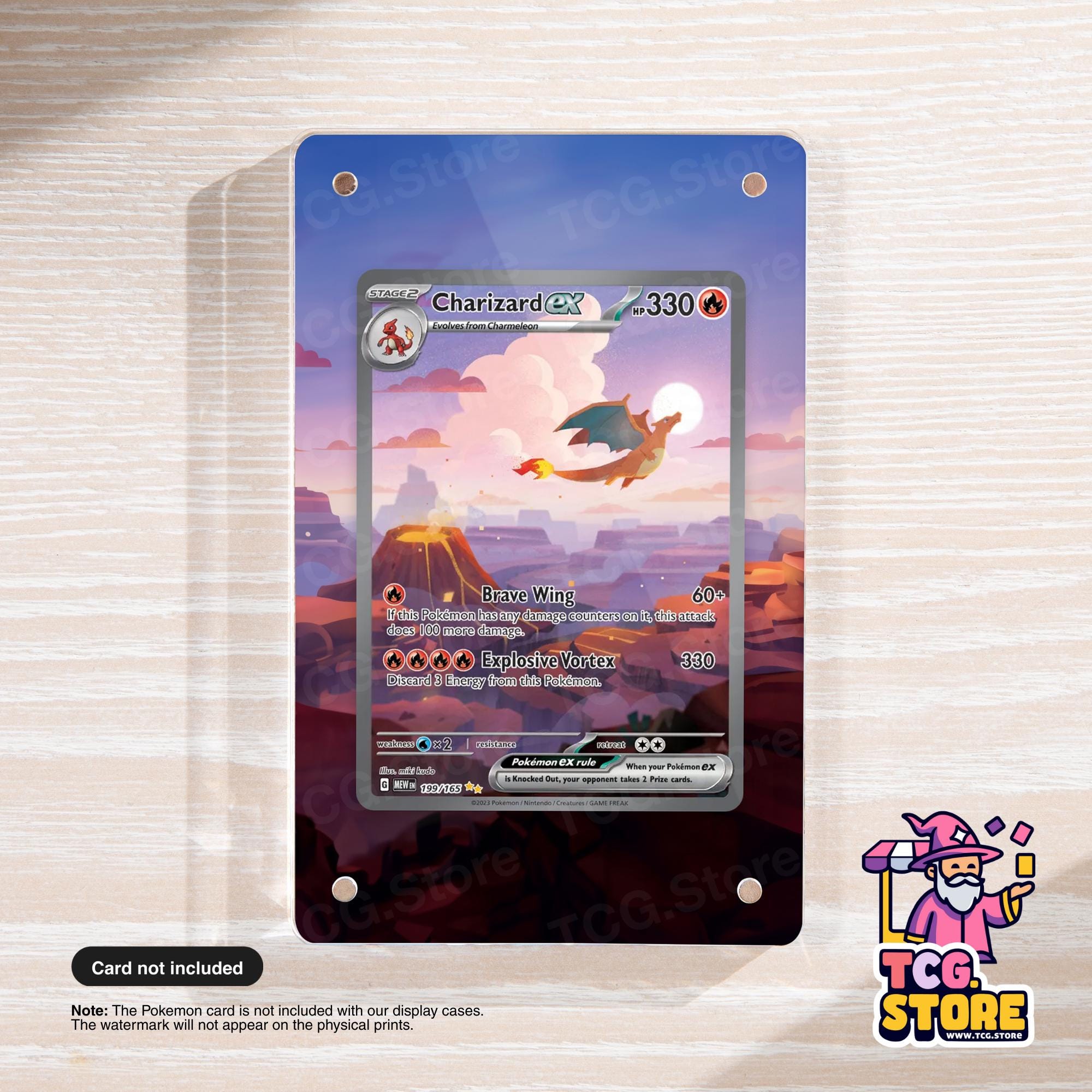 A Pokémon Charizard card is displayed on a wooden surface, featuring a dragon-like Pokémon character and a detailed illustration of a cityscape.