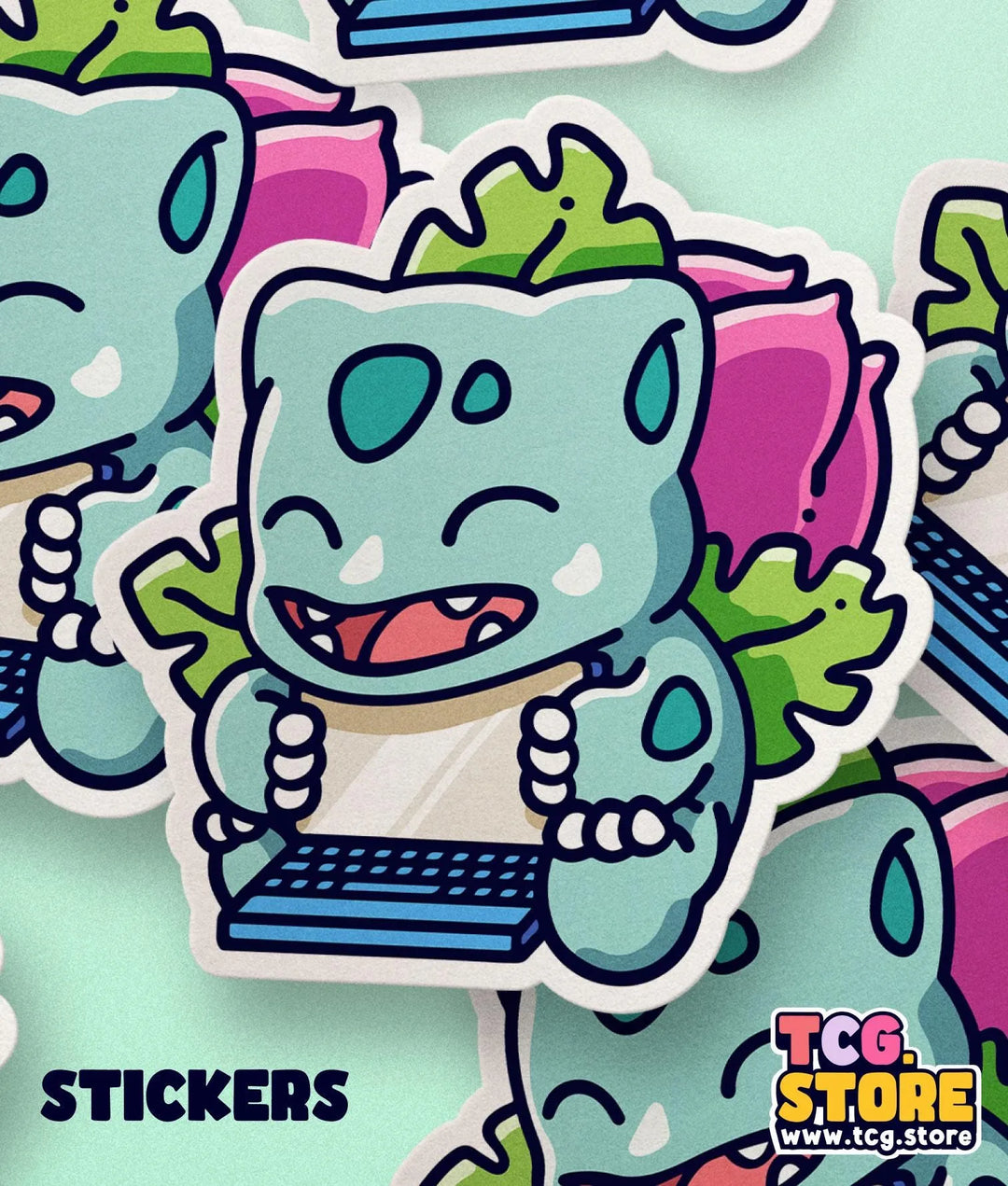 a bunch of stickers with a cat on a laptop