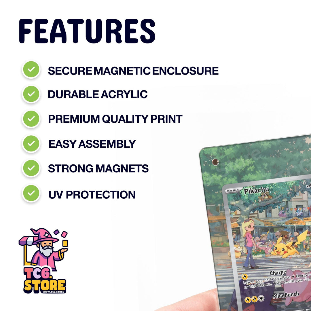 a Pokémon Charizard Pokémon card, highlighting its secure magnetic enclosure, durable acrylic print, easy assembly, strong magnets, and UV protection.