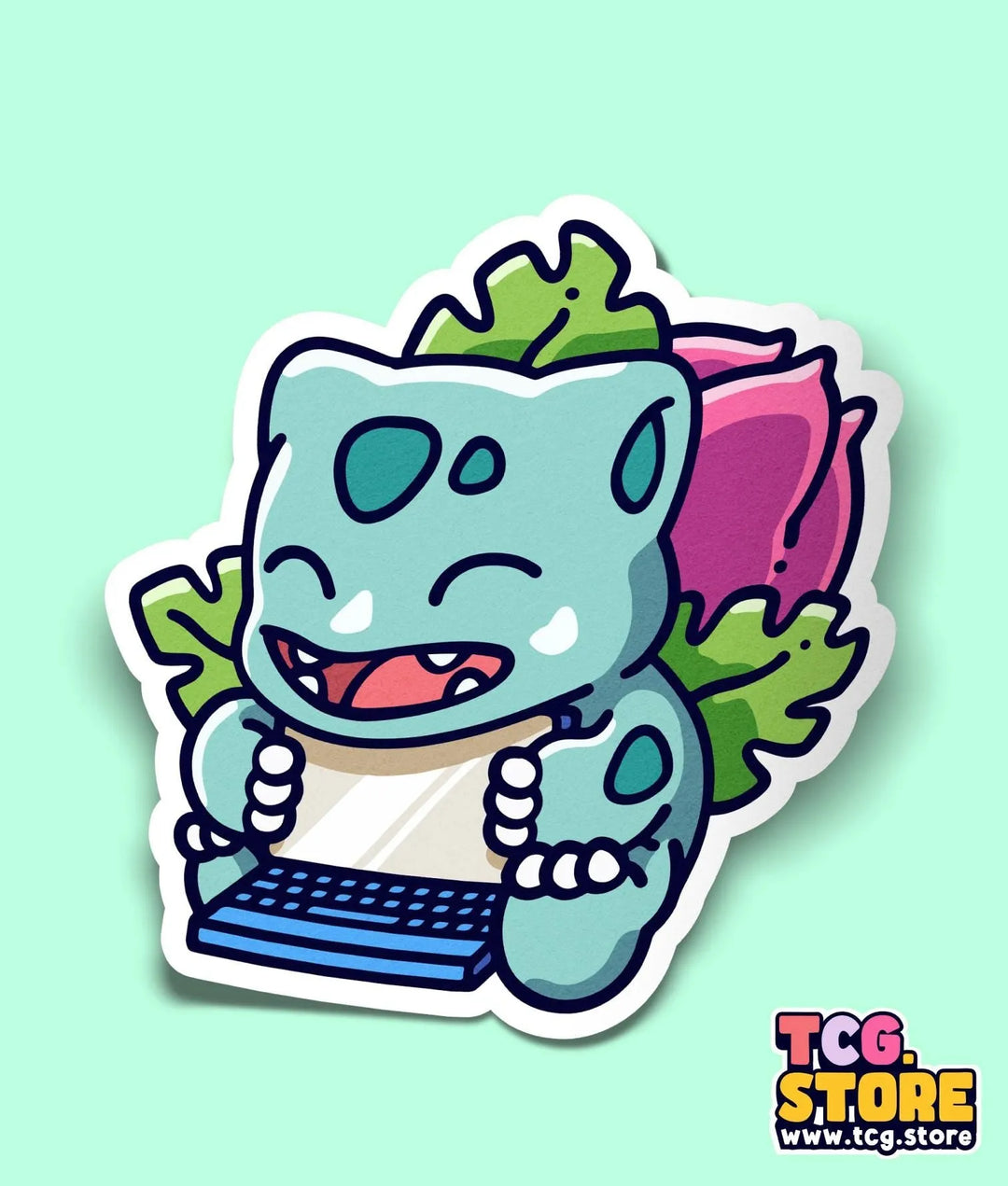 a sticker of a cartoon character using a laptop