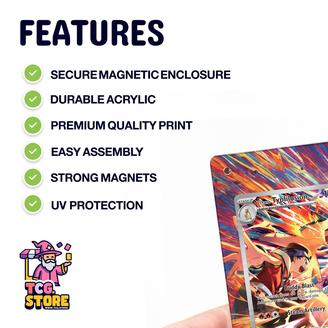 a hand holding a colorful, vibrant Pokémon trading card, highlighting its features such as secure magnetic enclosure, durable acrylic, premium quality print, easy assembly, strong magnets, and UV protection.