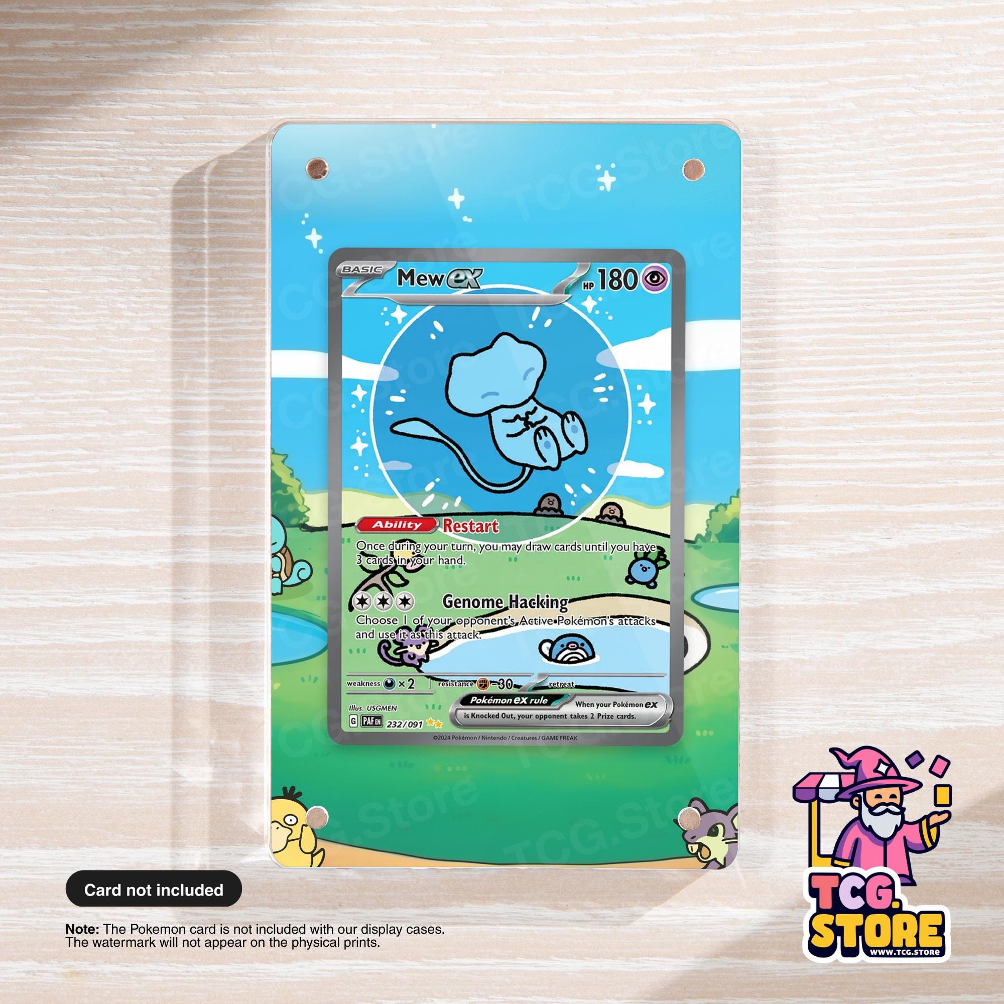 a Pokémon card with a blue background and a cartoon-style illustration of a Pokémon character. The card is displayed on a wooden surface, and there is a note indicating that the Pokémon card is not included with the display cases.