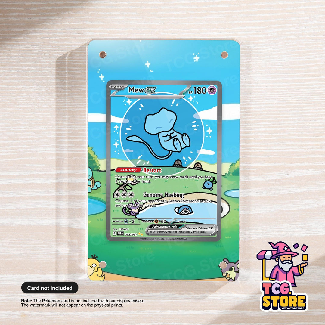 a Pokémon card with a blue background and a cartoon-style illustration of a Pokémon character. The card is displayed on a wooden surface, and there is a note indicating that the Pokémon card is not included with the display cases.