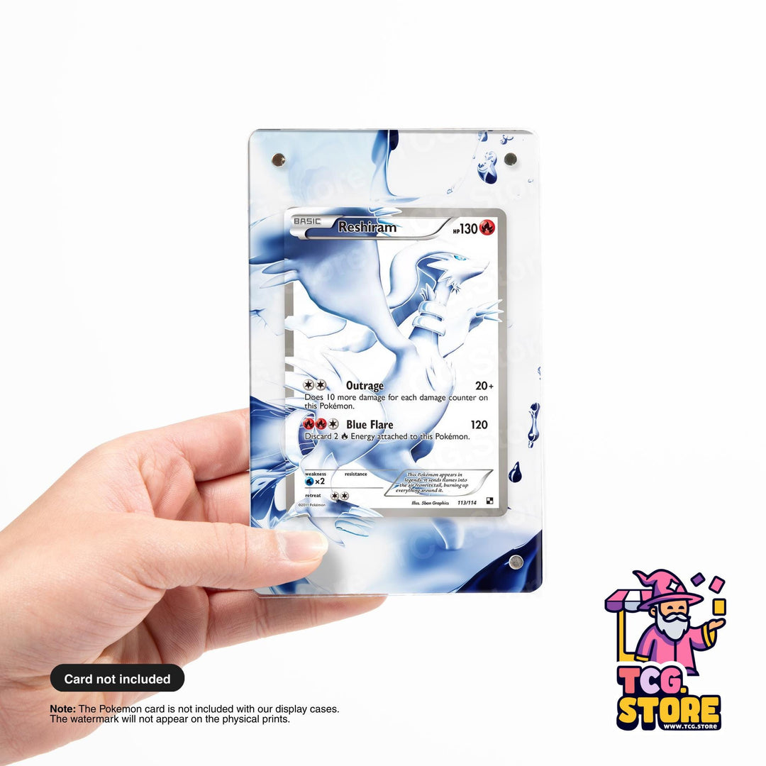 A person is holding a Pokémon card with a blue and white design, and the card is not included with the display cases.