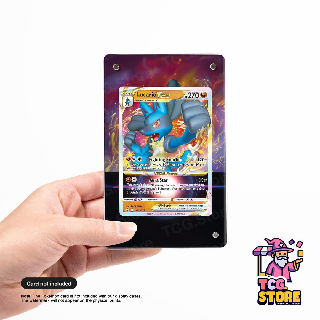 A person is holding a Pokemon trading card featuring a blue and orange Pokémon character.