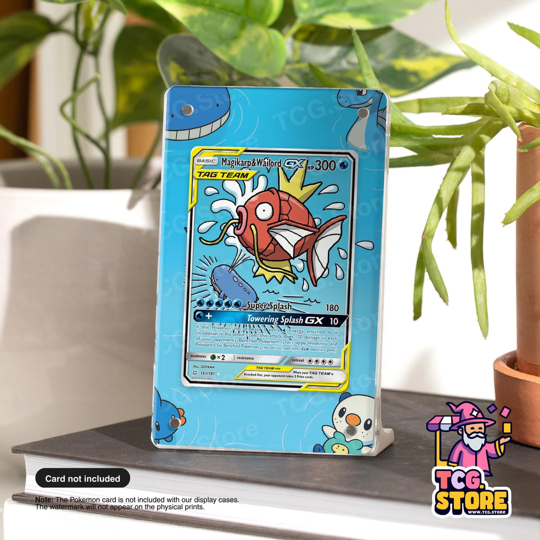 A Pokemon trading card featuring a colorful fish character is displayed on a stand, with a potted plant in the background.