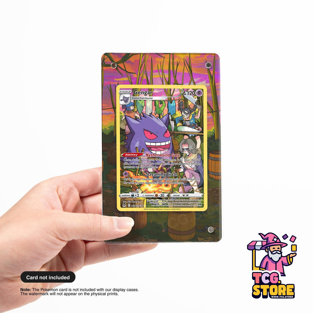 A hand holding a Pokémon trading card featuring a purple creature with a red eye and a yellow background.