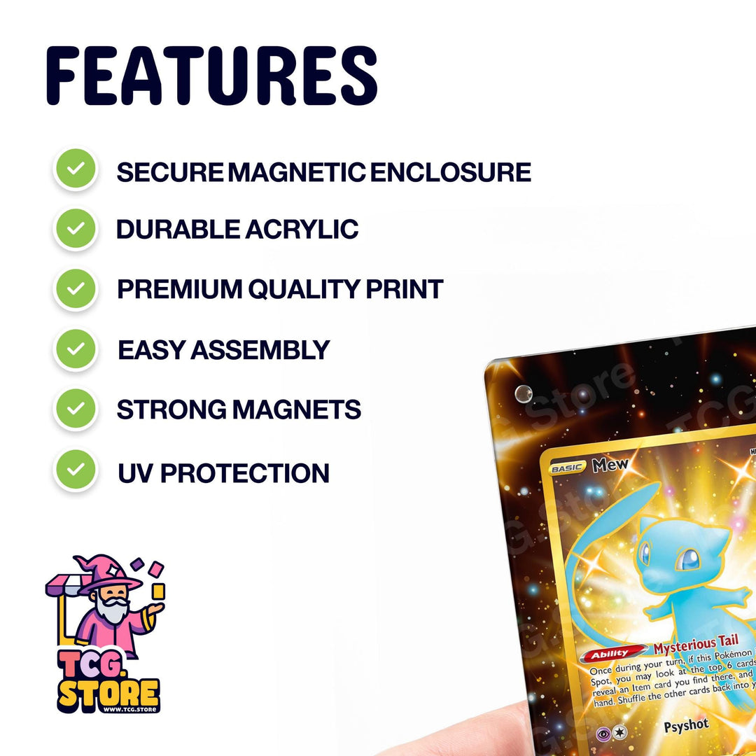 a Pokémon card with various features highlighted, such as secure magnetic enclosure, durable acrylic, premium quality print, easy assembly, strong magnets, and UV protection.