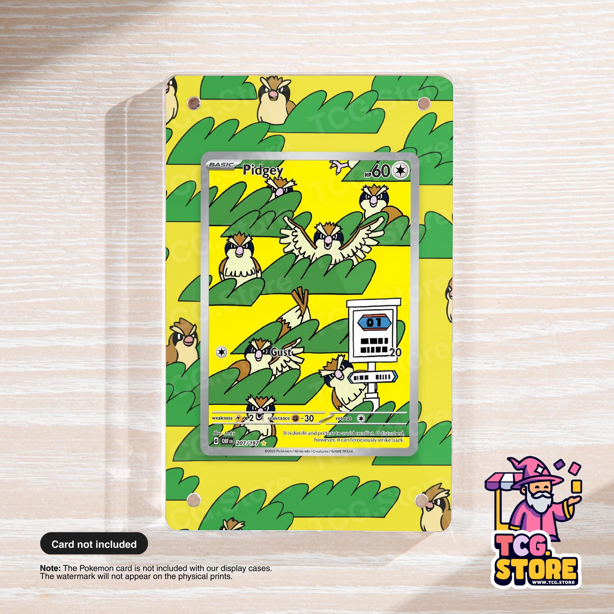 a Pokémon card with a yellow and green pattern, depicting a Pokémon character named Pidgey.