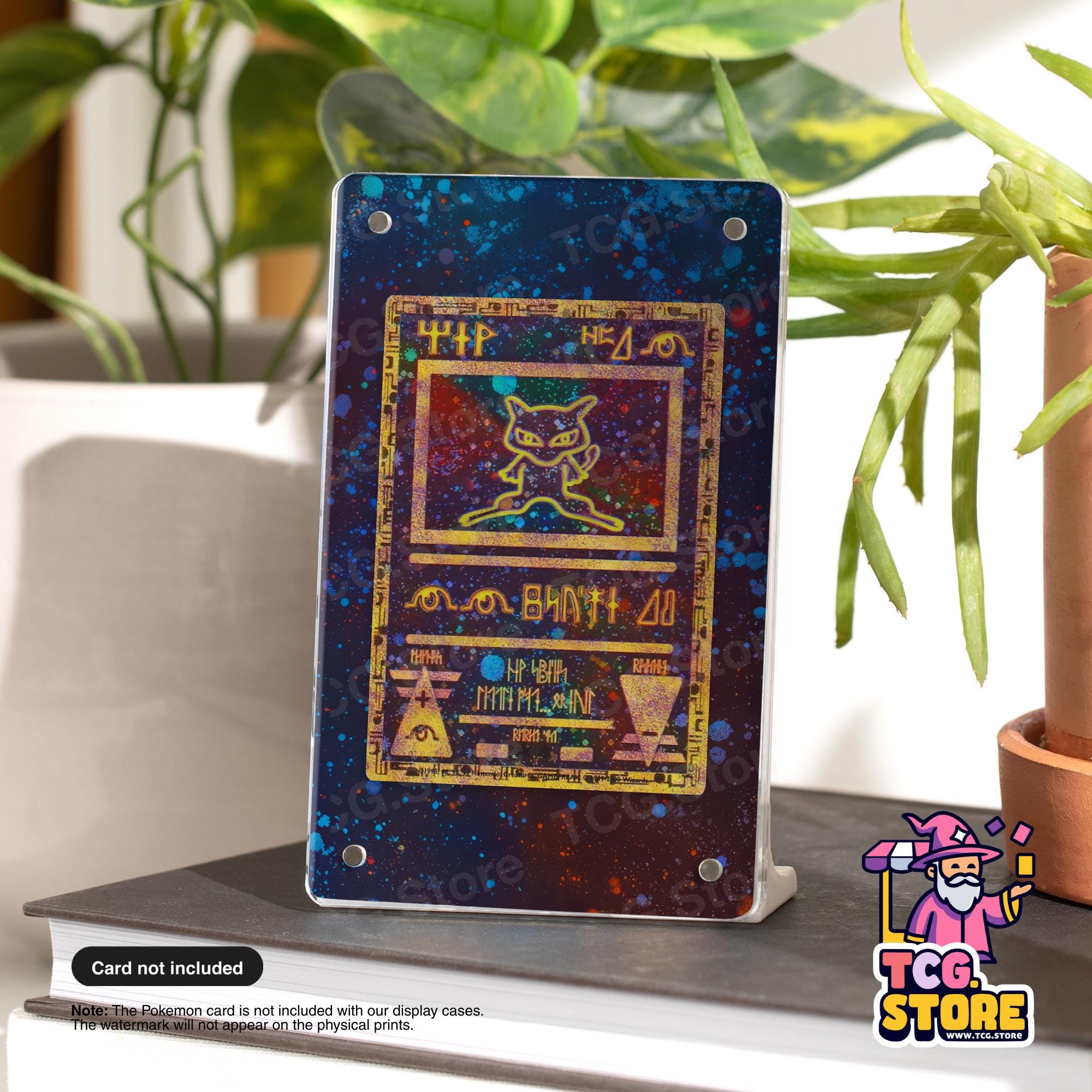 a card stand displaying a Pokémon card, which is not included with our display cases. The Pokémon card will appear on the physical prints, not on the stand itself.