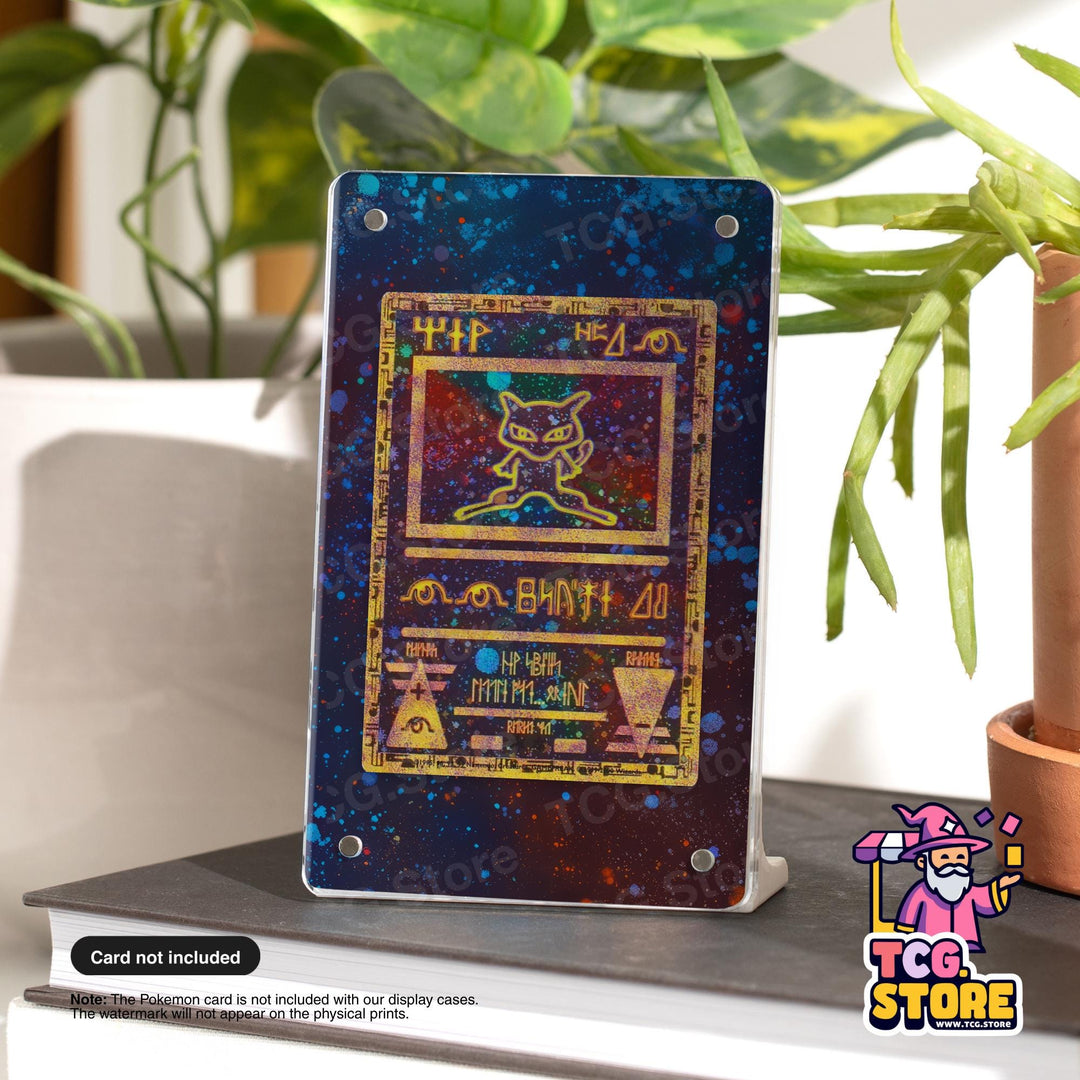 a card stand displaying a Pokémon card, which is not included with our display cases. The Pokémon card will appear on the physical prints, not on the stand itself.