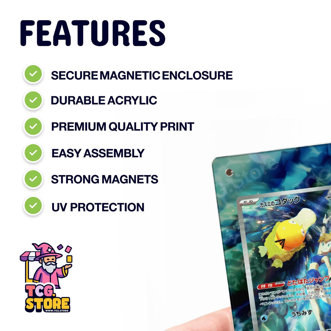a hand holding a Pokémon trading card, highlighting its features such as secure magnetic enclosure, durable acrylic, premium quality print, easy assembly, strong magnets, and UV protection.