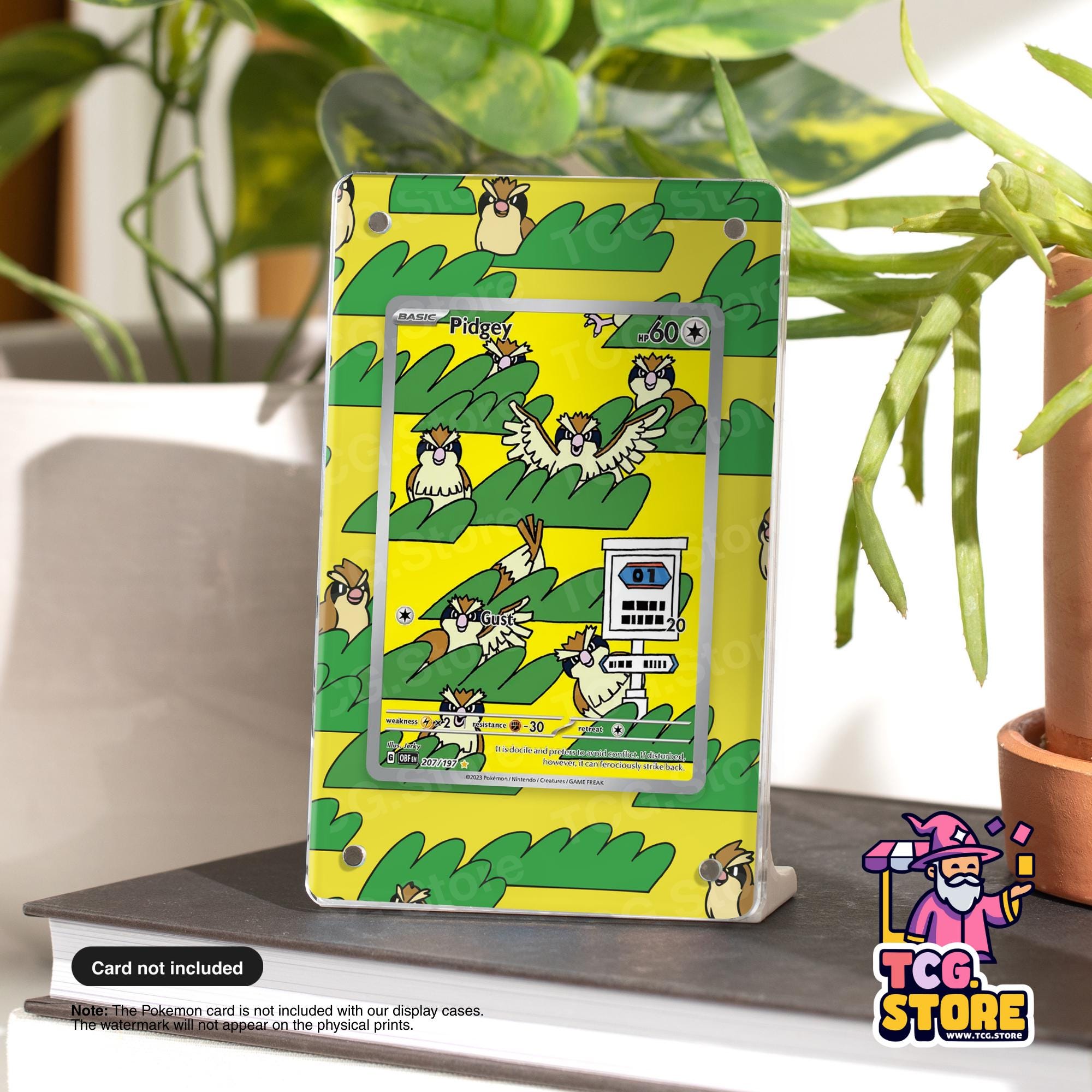 a colorful and whimsical Pokemon-themed card stand with a vibrant yellow and green design, adorned with cartoon-style owls and other Pokémon characters.