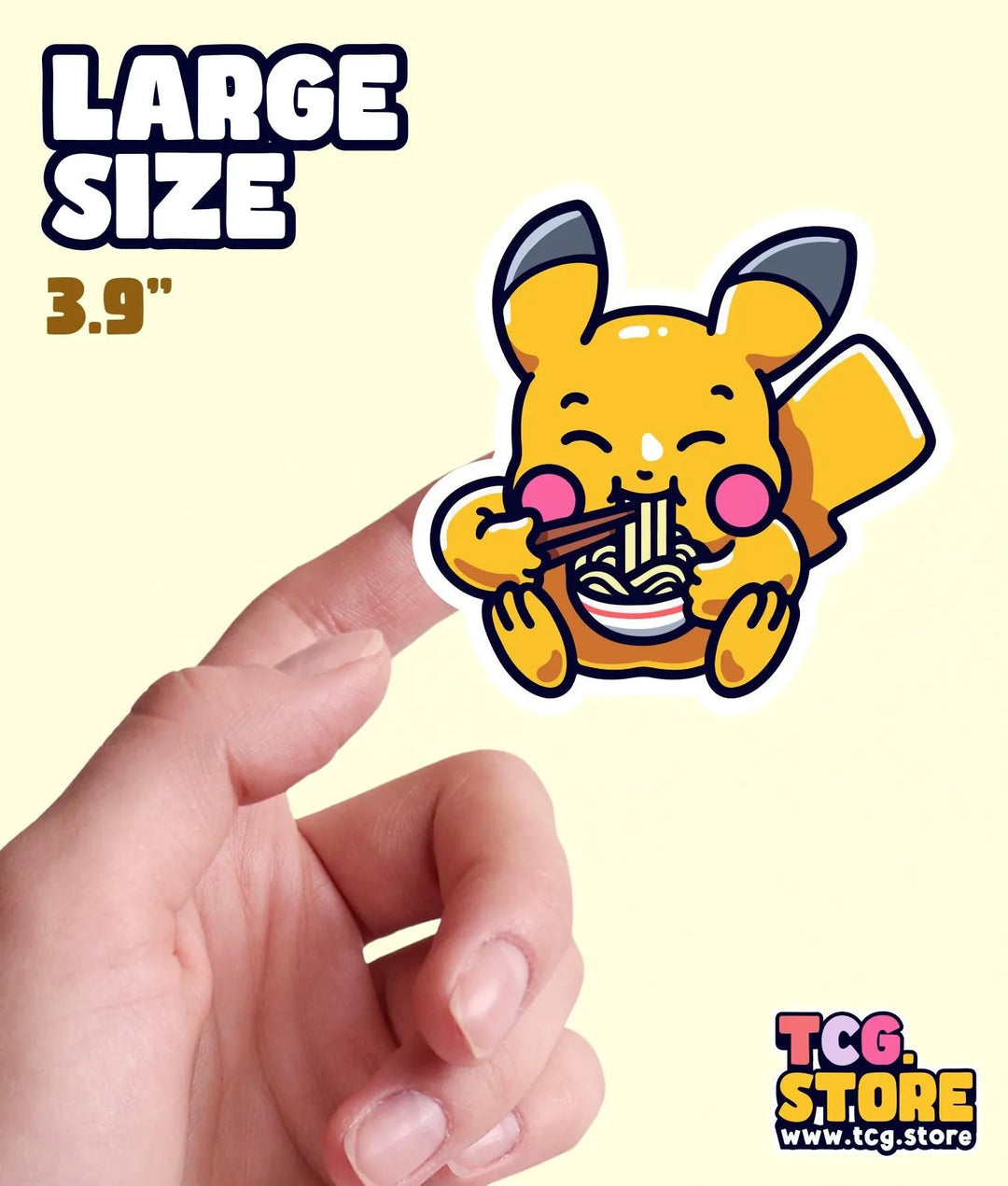 a hand holding a small sticker of a pikachu