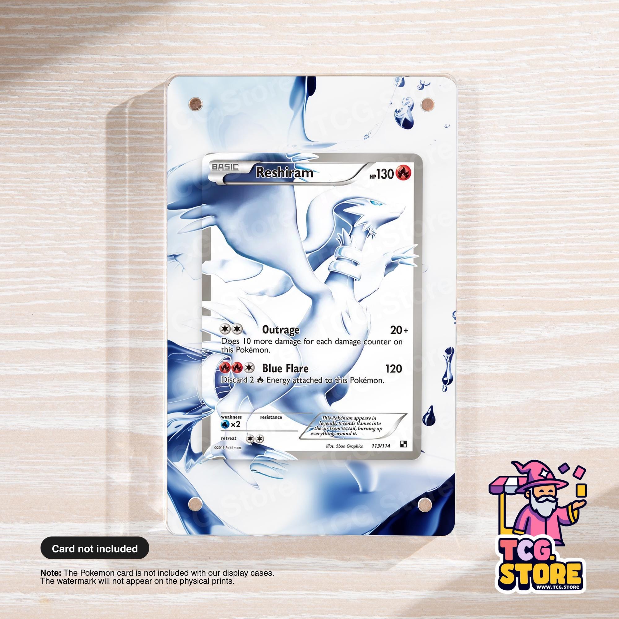 a Pokémon card with a blue and white color scheme, displayed on a wooden surface.