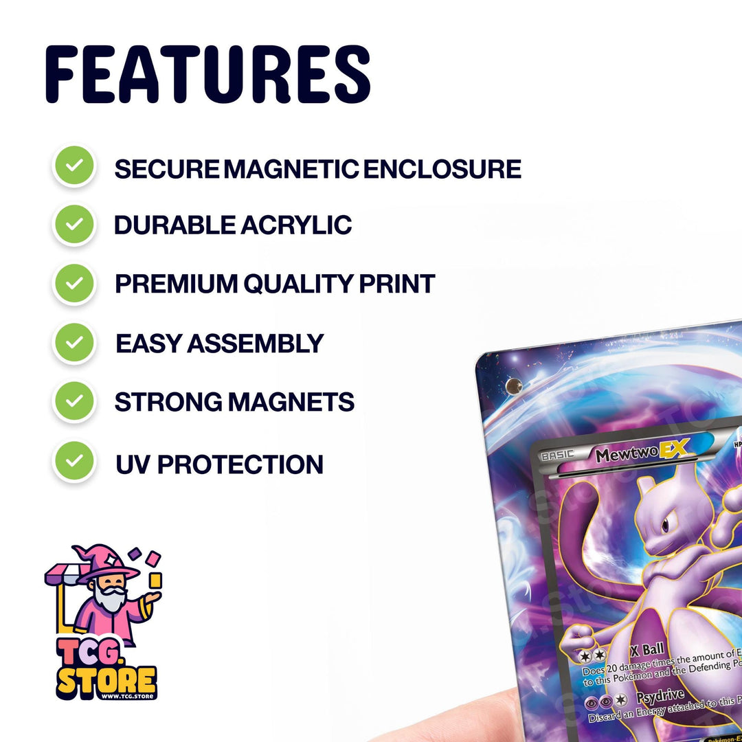 a Pokémon-themed product, specifically a Pokémon card, with a list of features highlighted in green checkmarks.