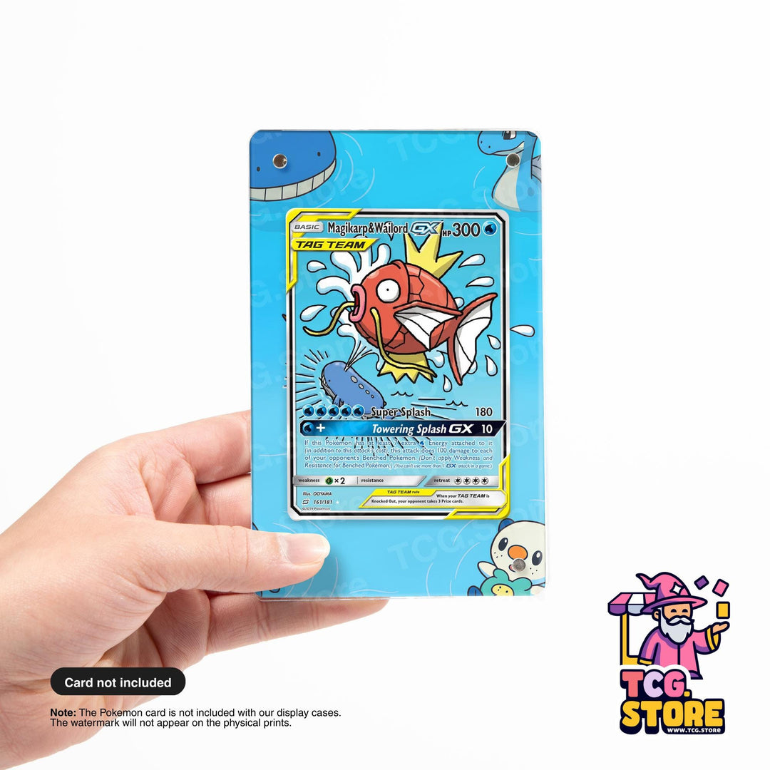 A hand holding a Pokémon trading card with a blue background and colorful graphics.