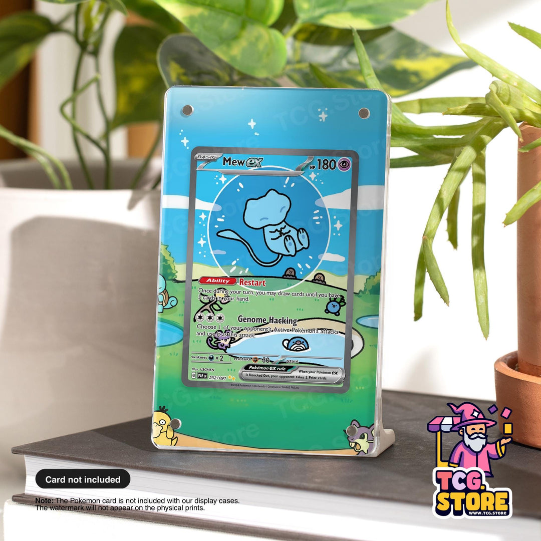 A Pokémon card display case featuring a Pokémon card with a blue background and a cartoon character. The Pokémon card is not included with the display case, and the watermark will appear on the physical prints.