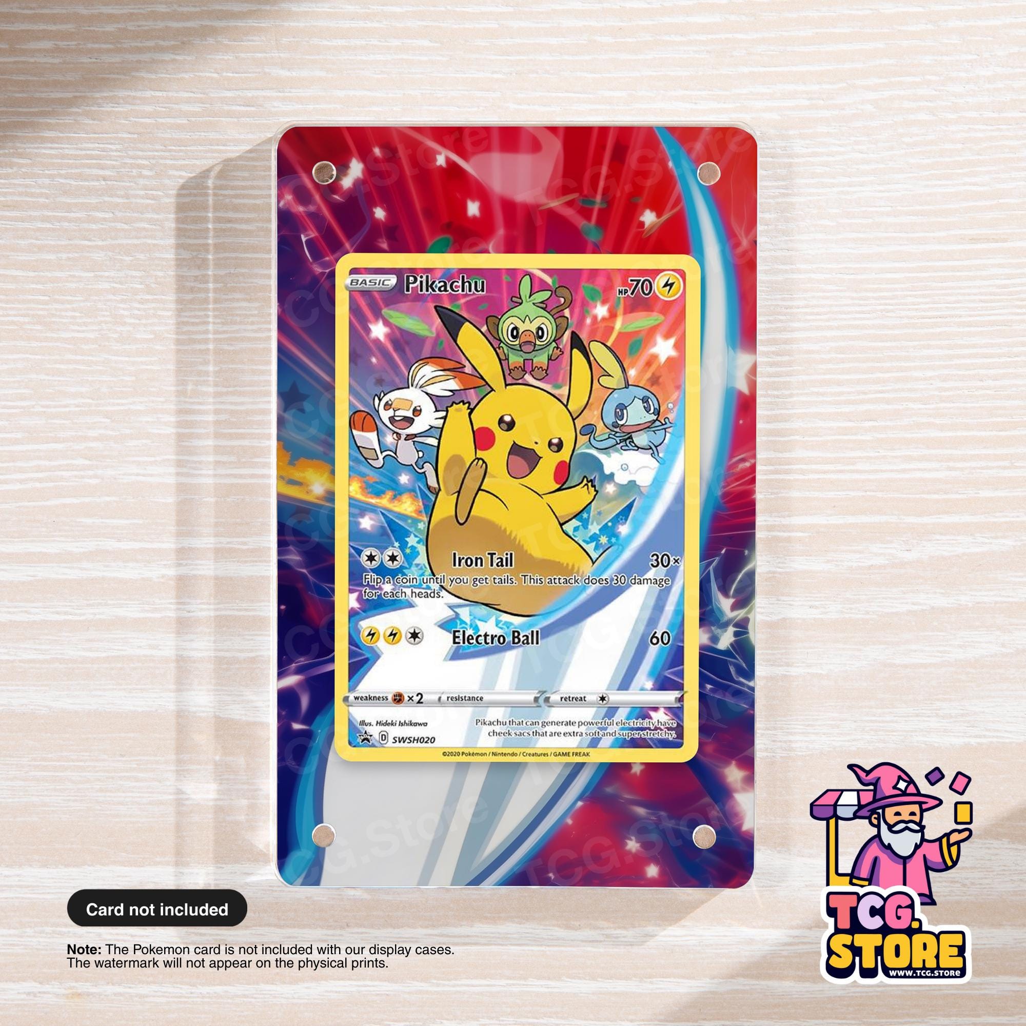 A Pokémon card featuring Pikachu, a popular Pokémon character, is displayed on a clear plastic case.