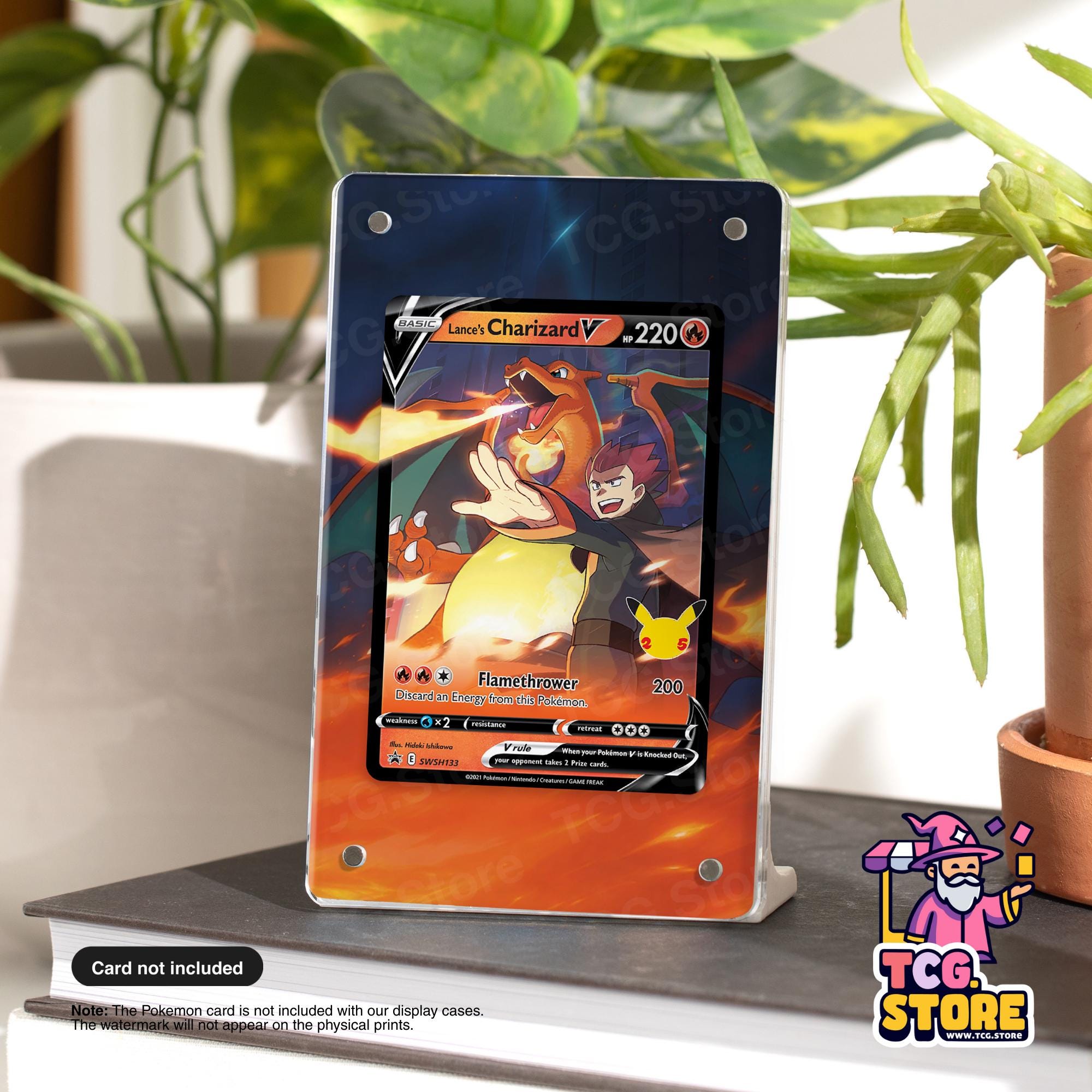 A Pokémon Charizard V card is displayed on a stand, with a plant in the background.