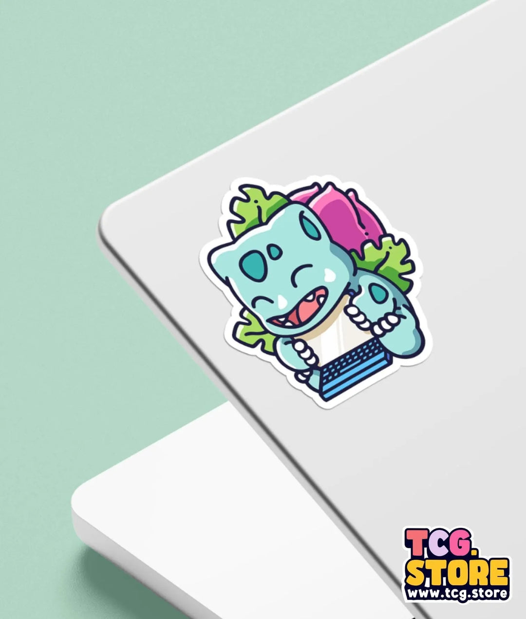 a sticker of a cartoon character on a laptop