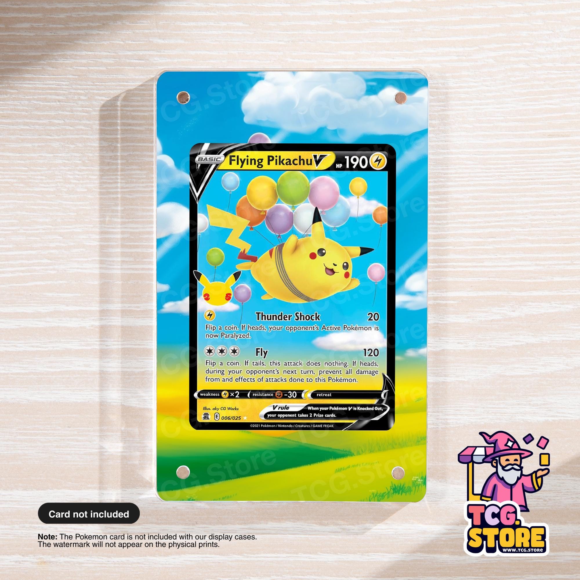 a Pokémon card for the Pokémon Flying Pikachu, which is a yellow Pokémon with a lightning bolt symbol on its back. The card is displayed on a clear plastic stand, and there is a note indicating that the Pokémon card is not included with the display cases.