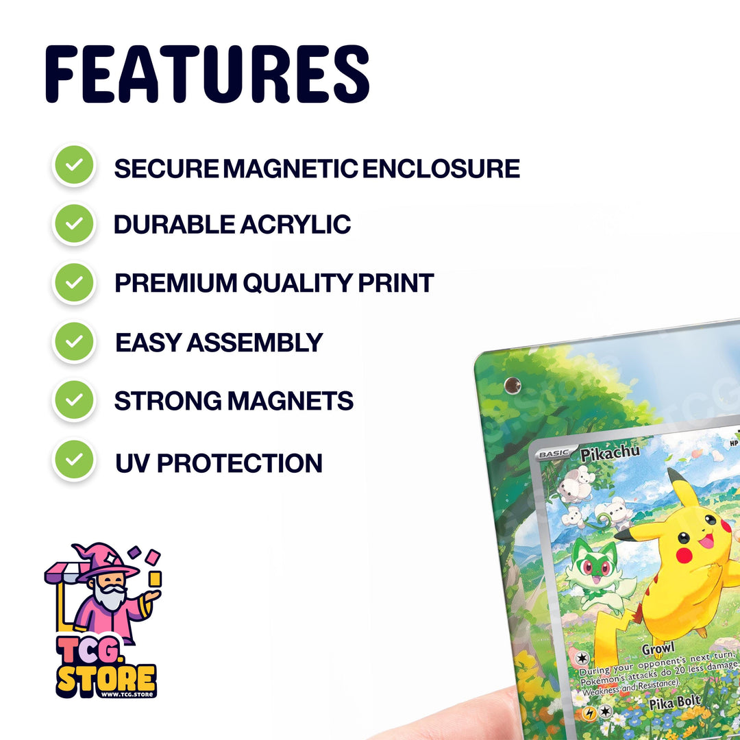 a Pokémon-themed Pokémon trading card, highlighting its security magnetic enclosure, durable acrylic, premium quality print, easy assembly, strong magnets, and UV protection.