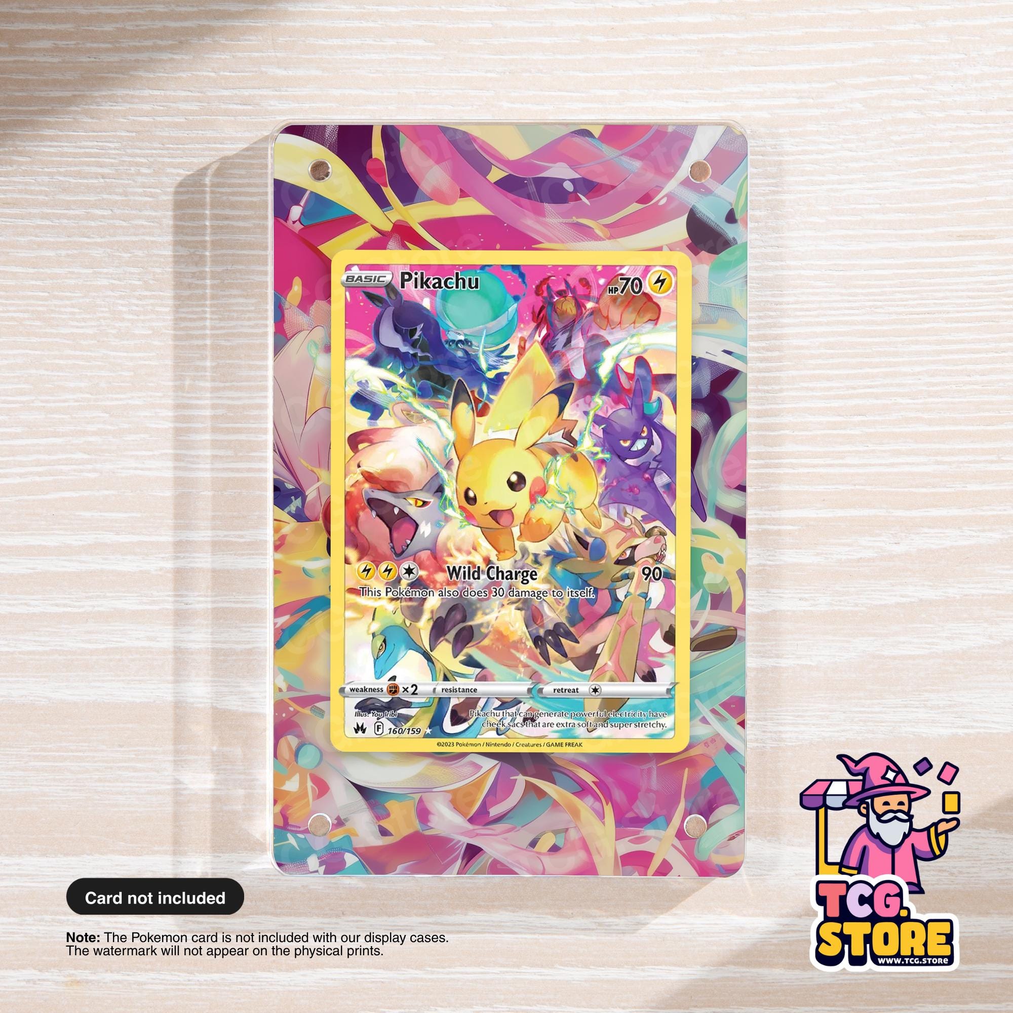 a colorful Pokémon card with various Pokémon characters, including Pikachu, and a background with abstract patterns.