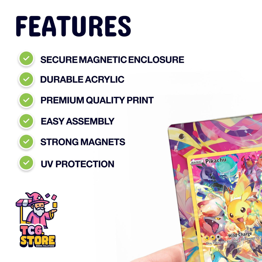 a Pokémon-themed product, such as a Pokémon-themed wallet or card holder, with a hand holding it. The product has several features, including a secure magnetic closure, a durable acrylic print, a premium quality print, easy assembly, strong magnets, and UV protection.