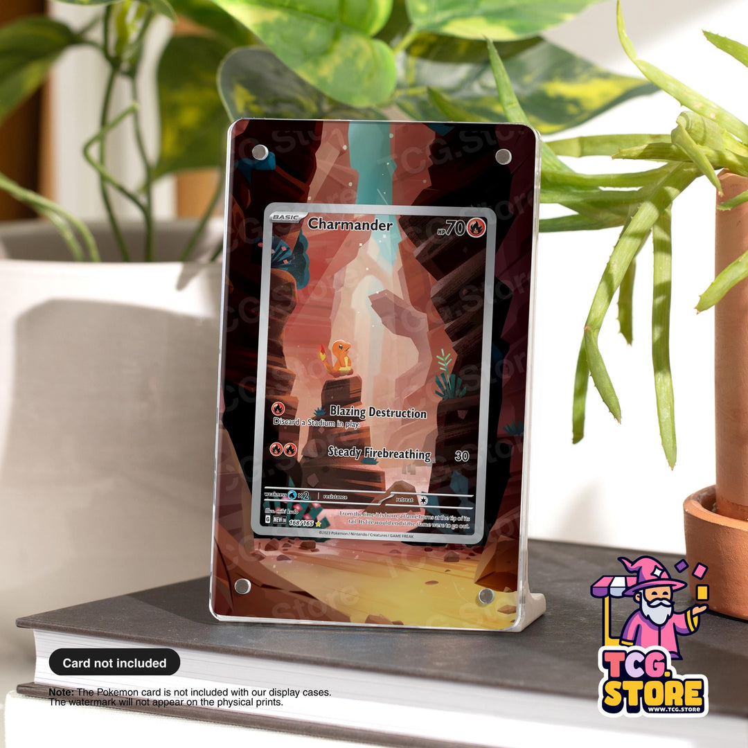 A Pokemon card display case featuring a Charizard card with a colorful, illustrated design.
