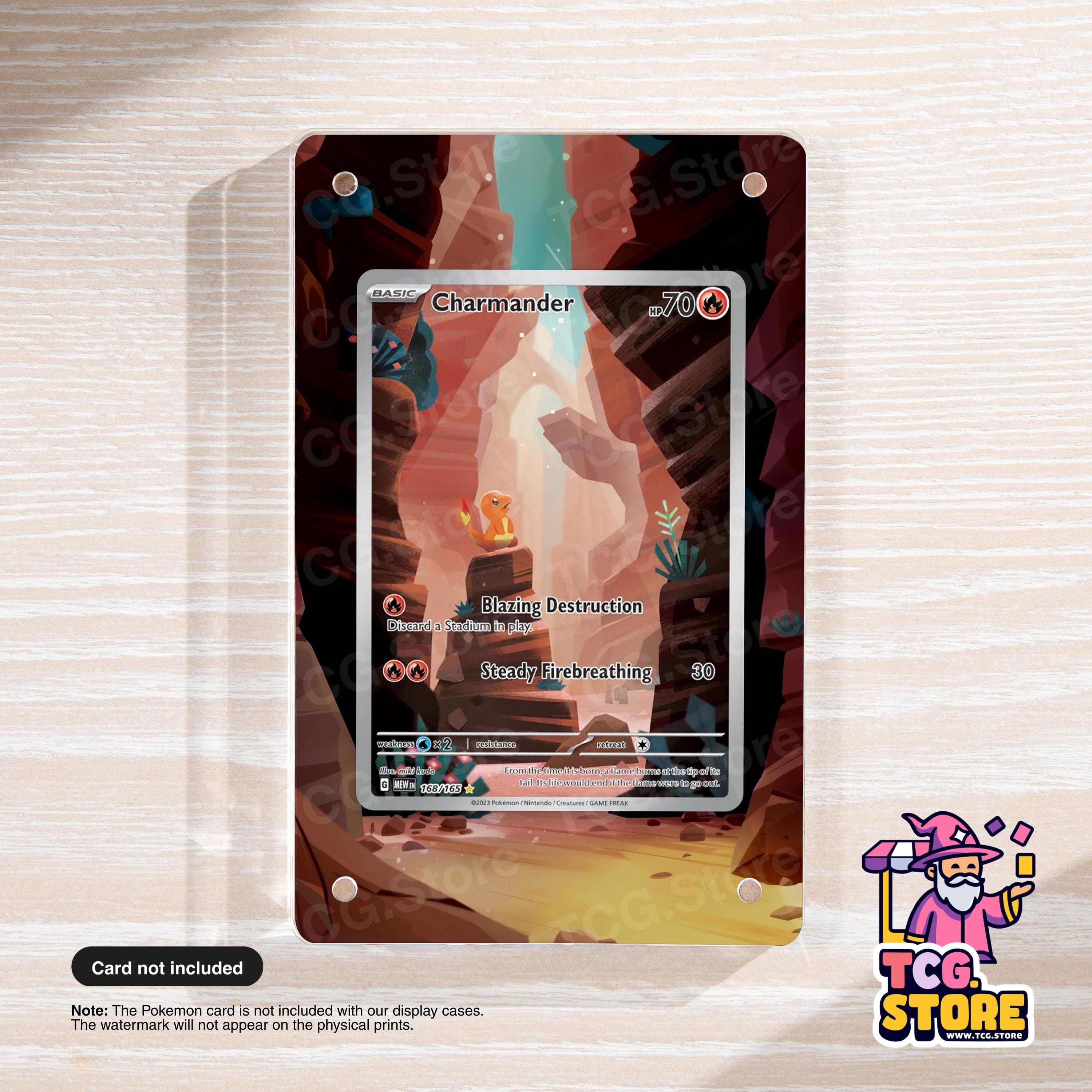 The image is a digital artwork depicting a Pokémon card for Charmander, with a colorful and stylized background featuring various Pokémon elements.