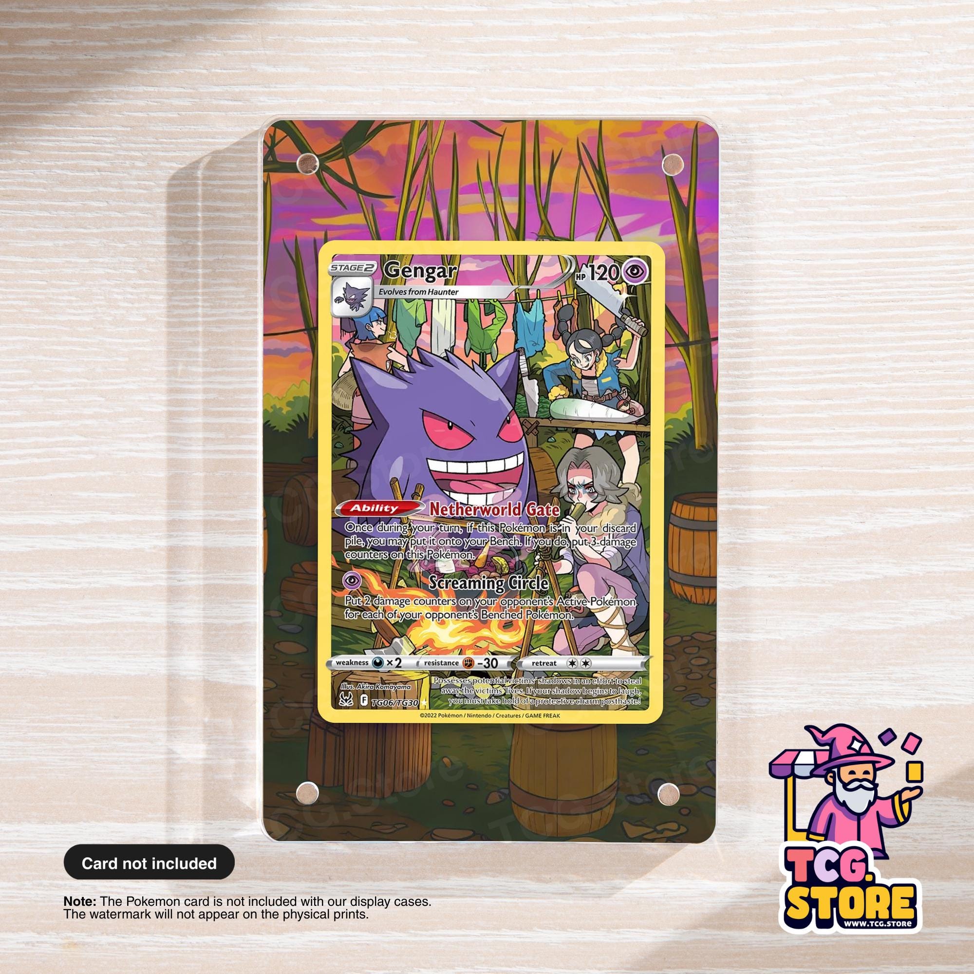 A Pokémon trading card featuring Gengar, a character from the Pokémon franchise, with a colorful background depicting a forest scene.