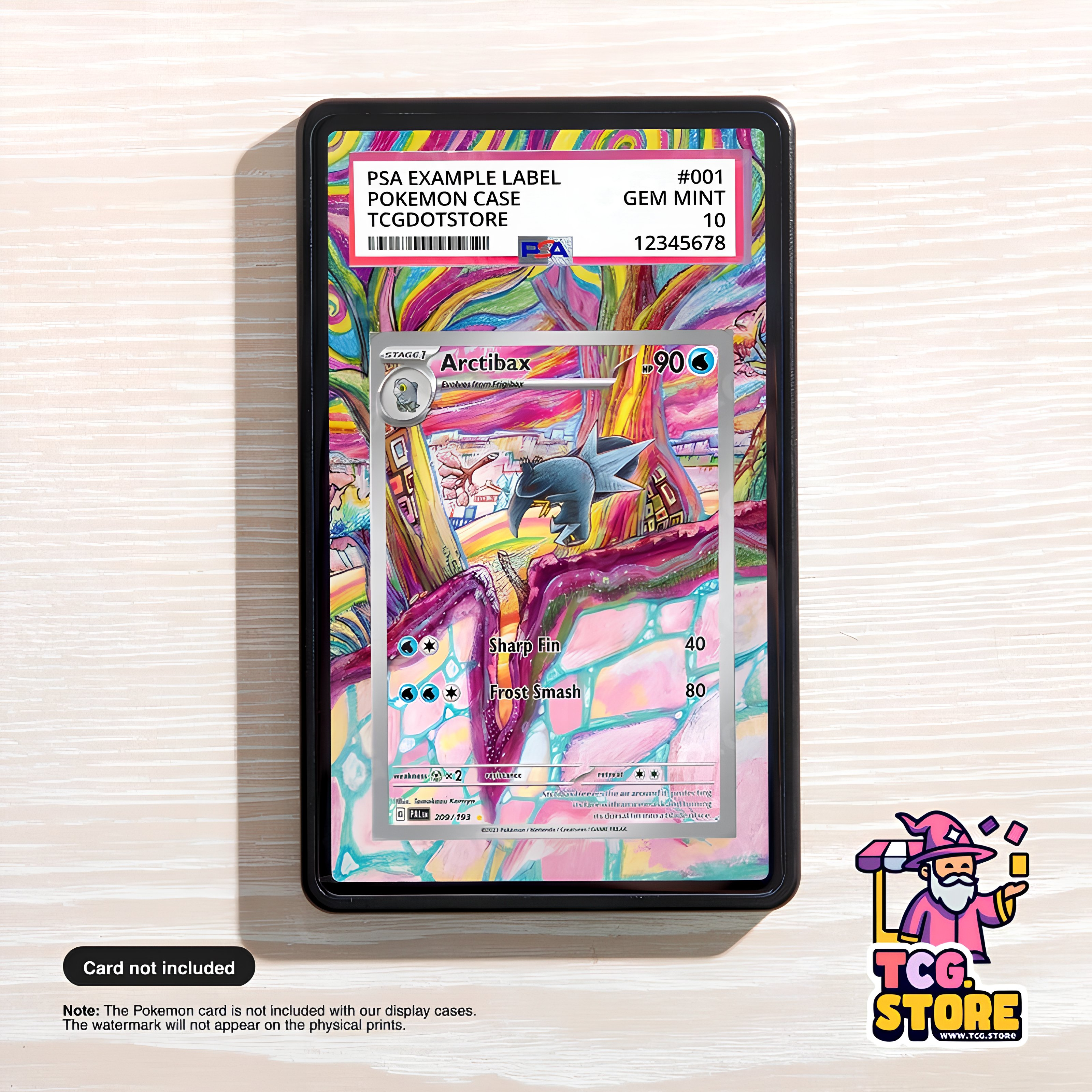 The image is a digital display of a Pokémon card, specifically the Pokémon Arctibax, with a colorful and abstract background.