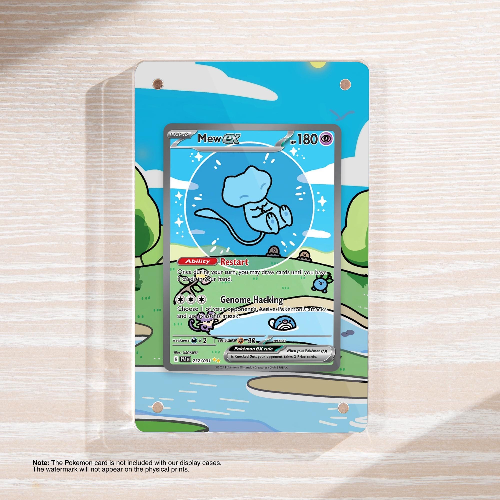 A Pokémon card featuring a blue cartoon character with a green hat, set against a landscape with a body of water and trees.