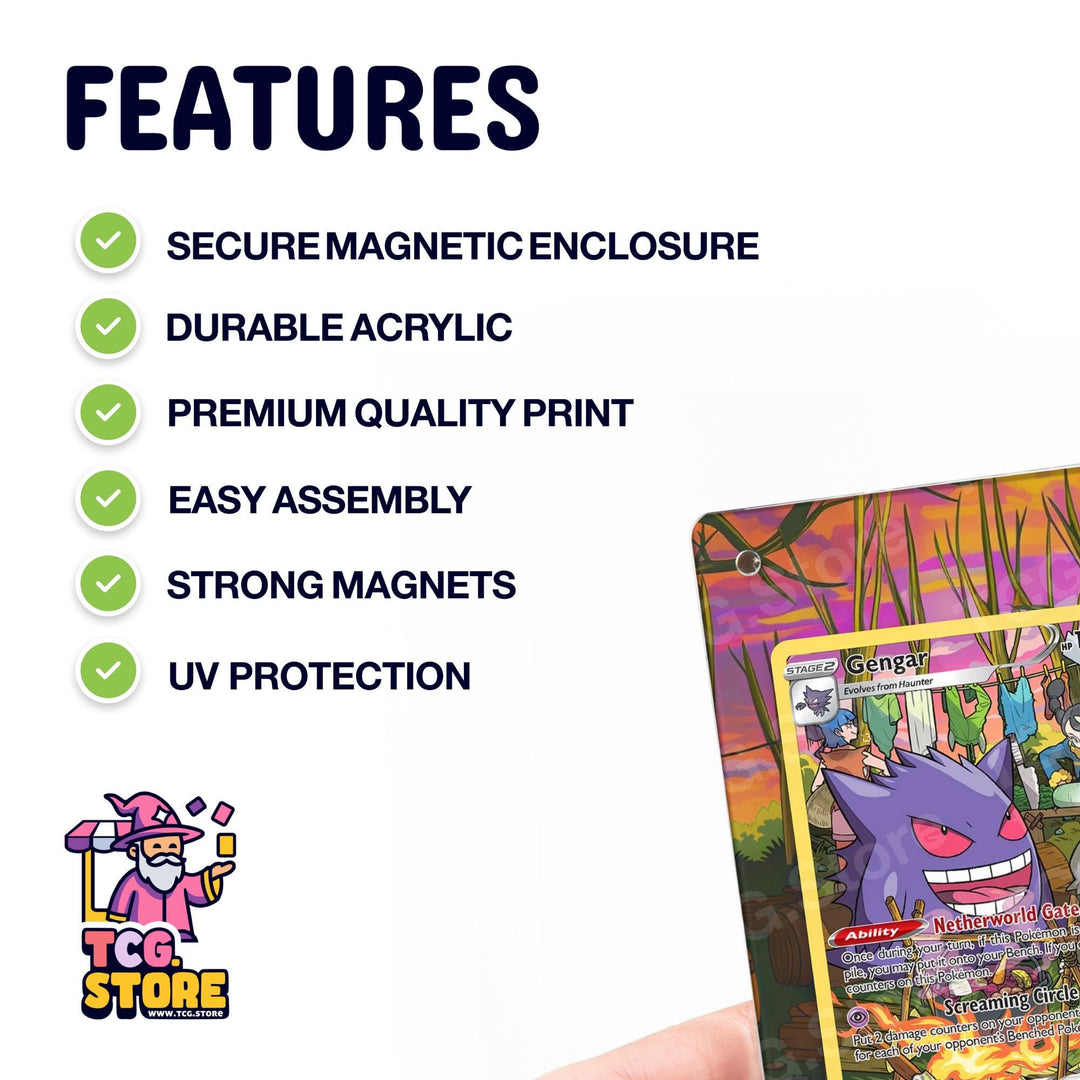 a Pokémon trading card with various features highlighted, such as a secure magnetic enclosure, durable acrylic, premium quality print, easy assembly, strong magnets, and UV protection.
