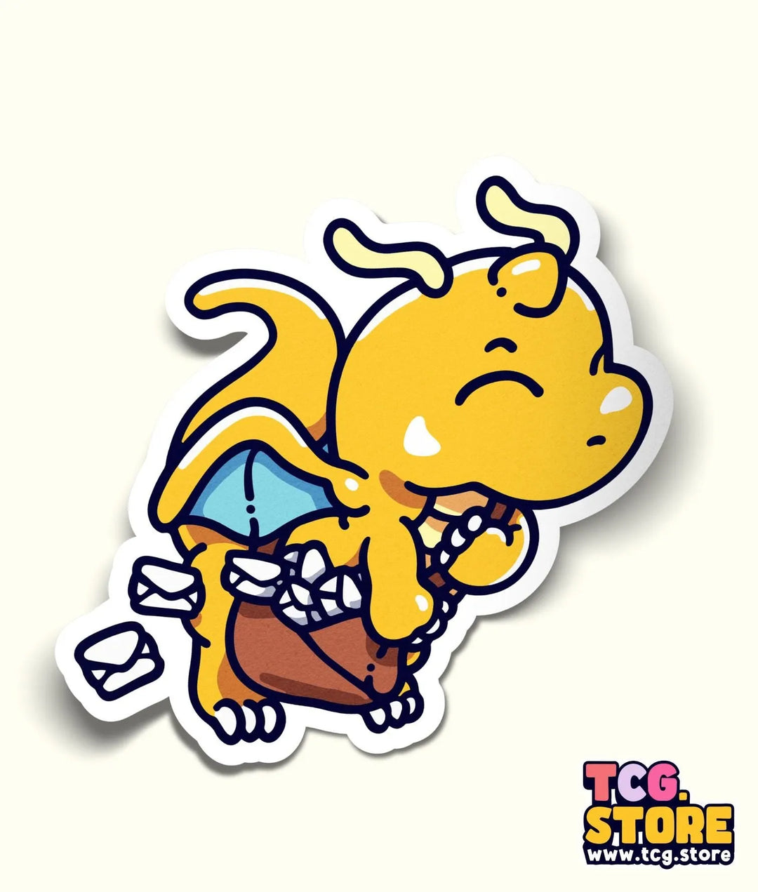 a sticker of a yellow dog with a blue umbrella