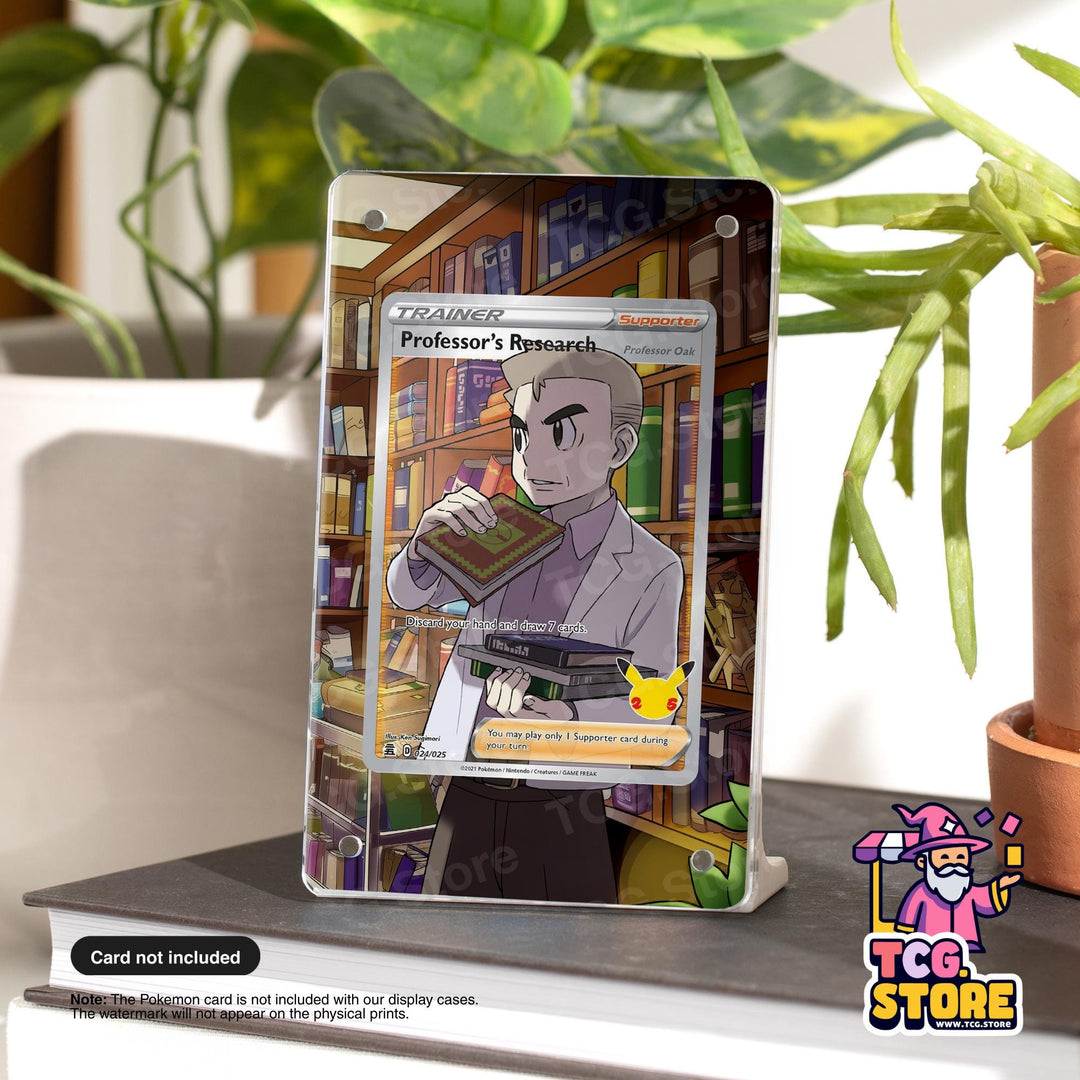 a card with a cartoon illustration of a man holding a book, placed on a table with a plant in the background.
