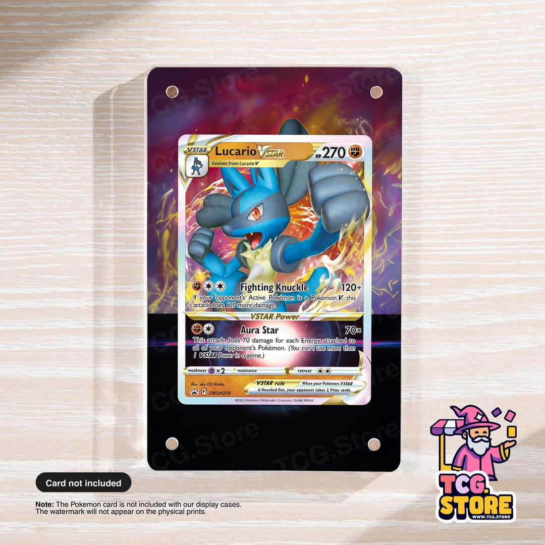 A Pokemon trading card featuring the character Lucario from the video game series Pokemon. The card shows Lucario in an action pose, with a fighting kick and a glowing aura. The card is displayed on a wooden surface, and there is a note indicating that the card is not included with the display cases.