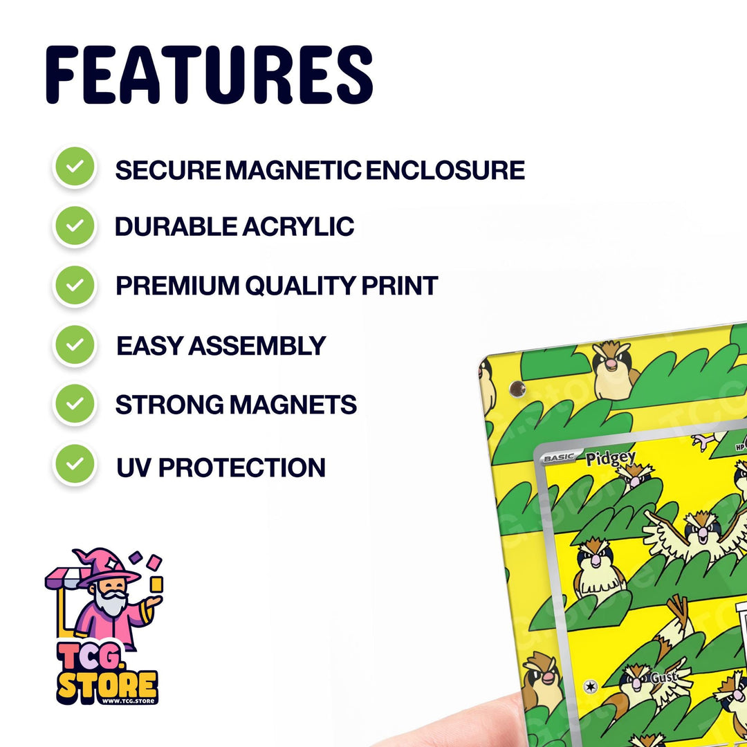 a hand holding a yellow and green magnetic enclosure with a cartoon owl design. The enclosure has several features, including a secure magnetic closure, a durable acrylic finish, a premium quality print, easy assembly, strong magnets, and UV protection.