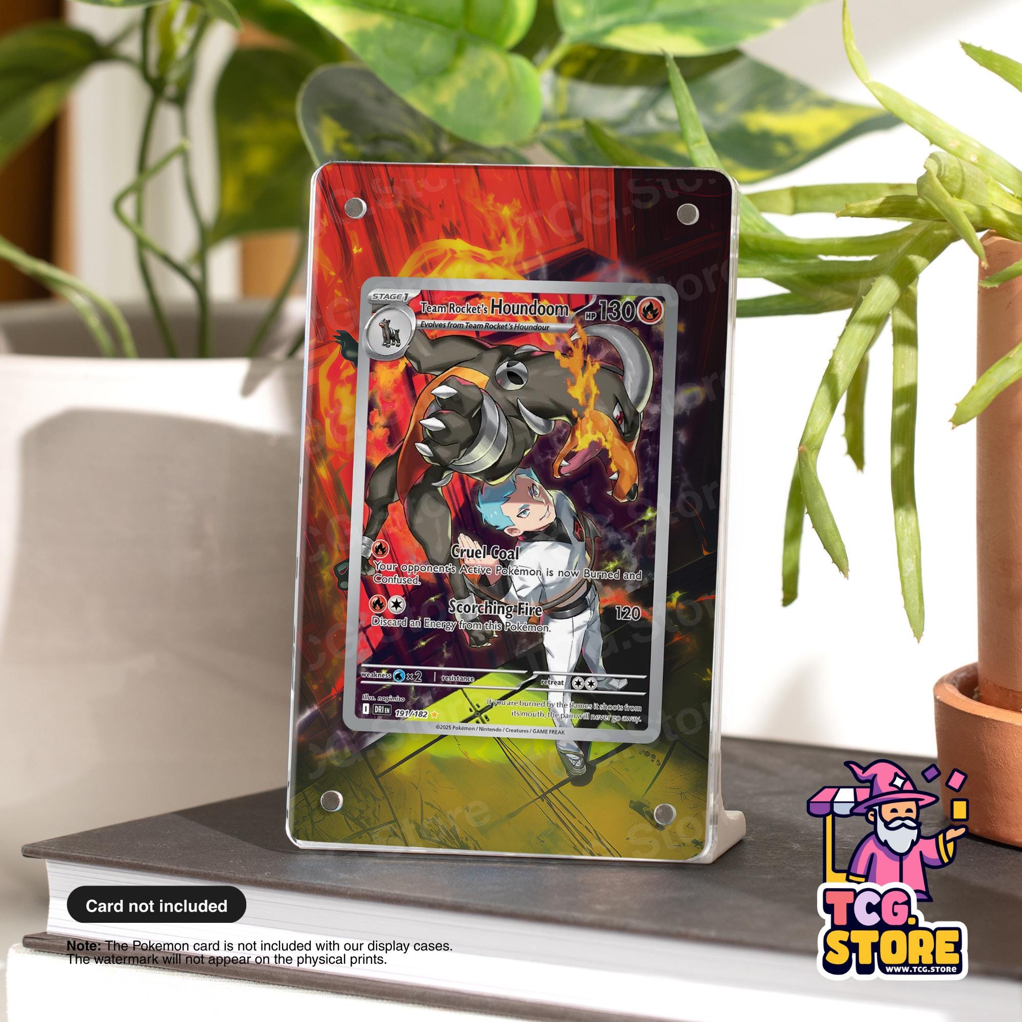 a Pokemon card display case with a Pokemon card featuring a character named 