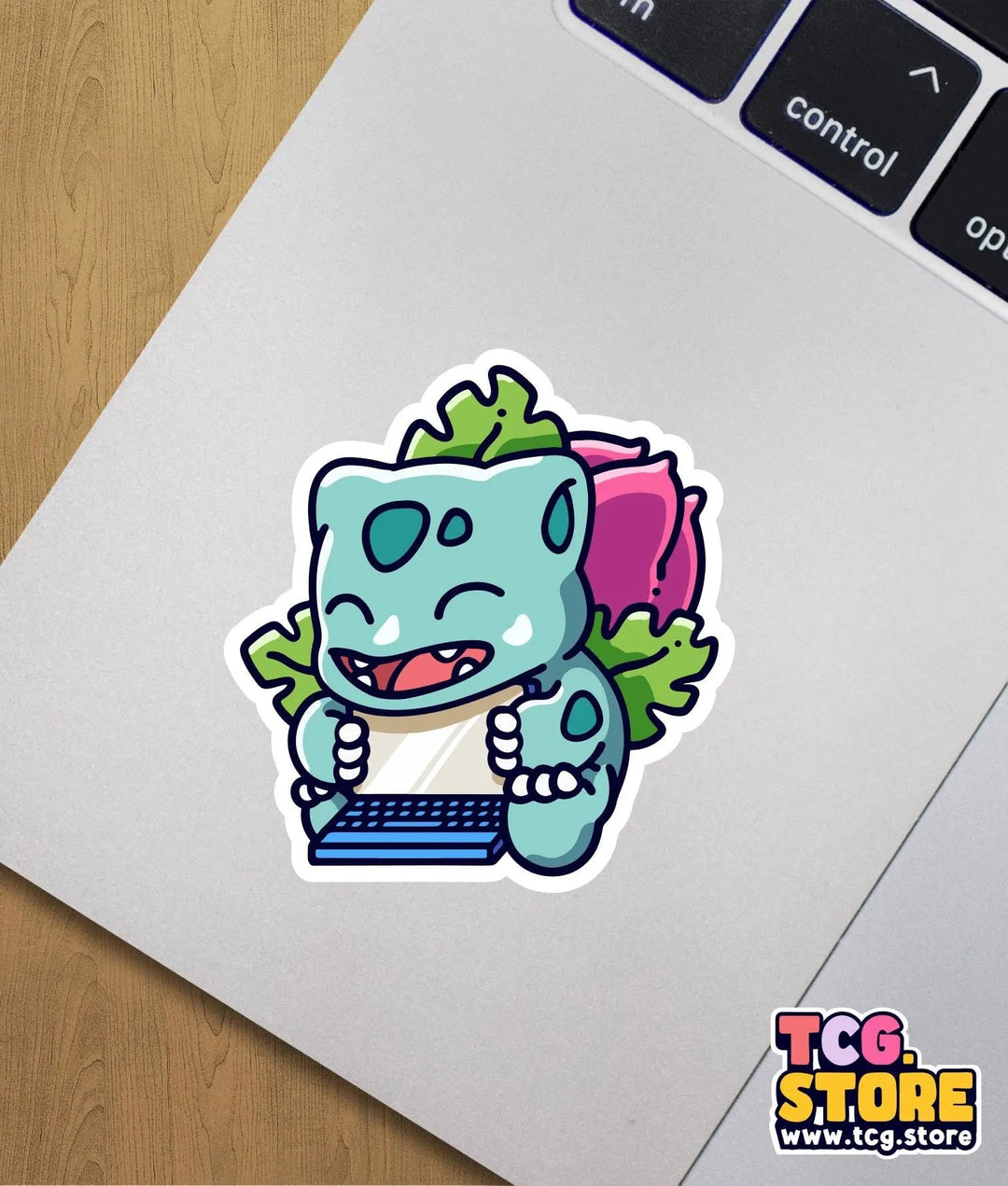 a sticker of a cartoon character on a laptop