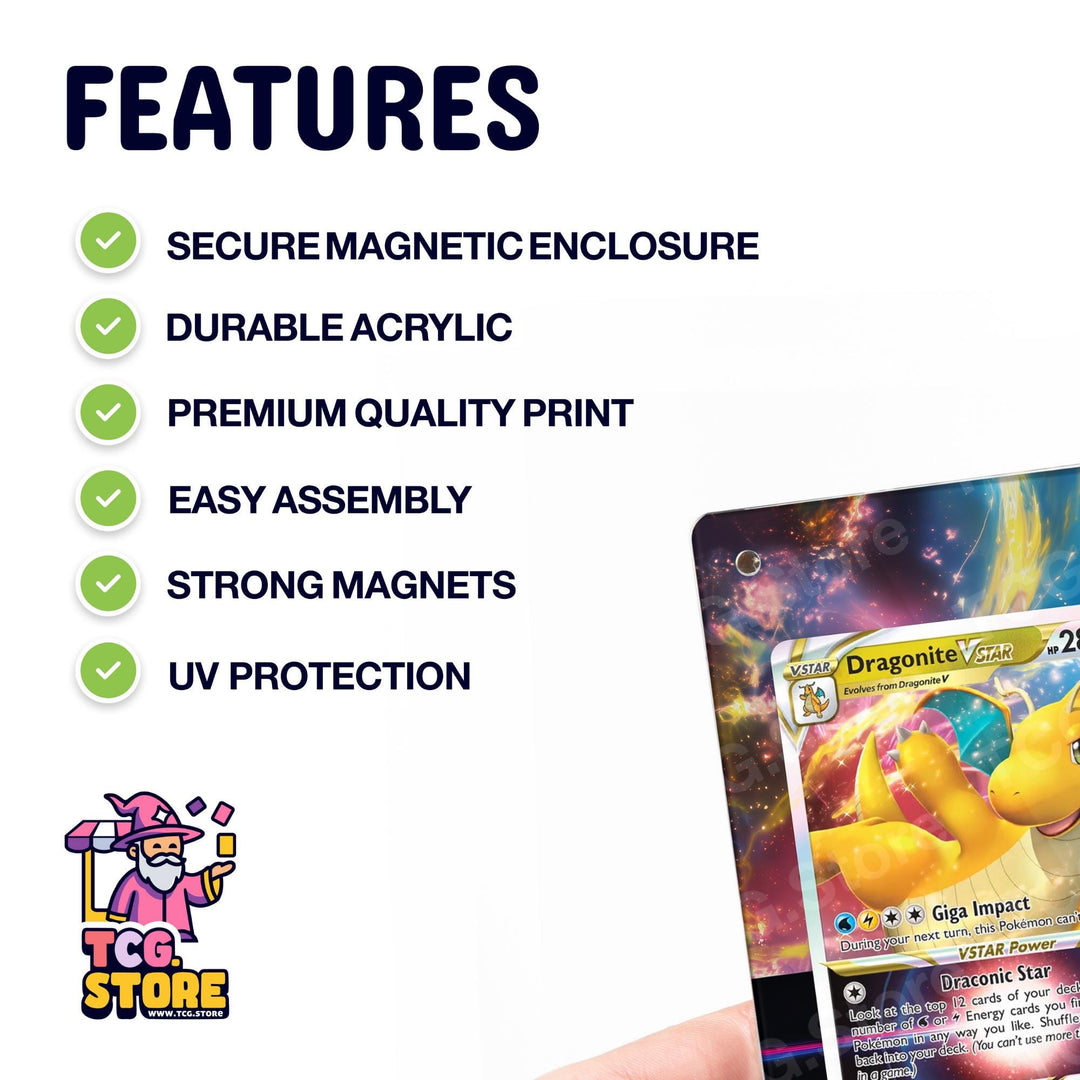 a dragonite v-22 card from the TGC store, highlighting its security magnetic enclosure, durable acrylic, premium quality print, easy assembly, strong magnets, and UV protection.
