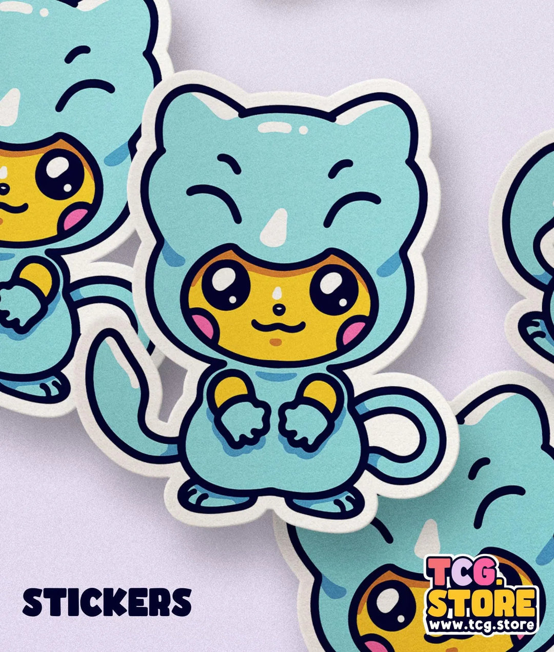 a sticker of a blue cat with a yellow kitten on it&#39;s back