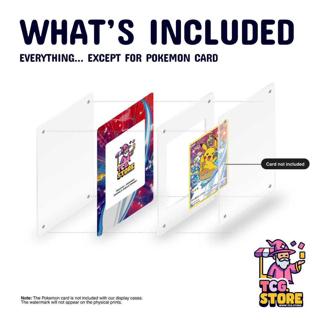 The image is a promotional poster for a Pokémon card, with a clear plastic case and a Pokémon card visible. The Pokémon card is not included with the display cases, and the watermark will appear on the physical prints.