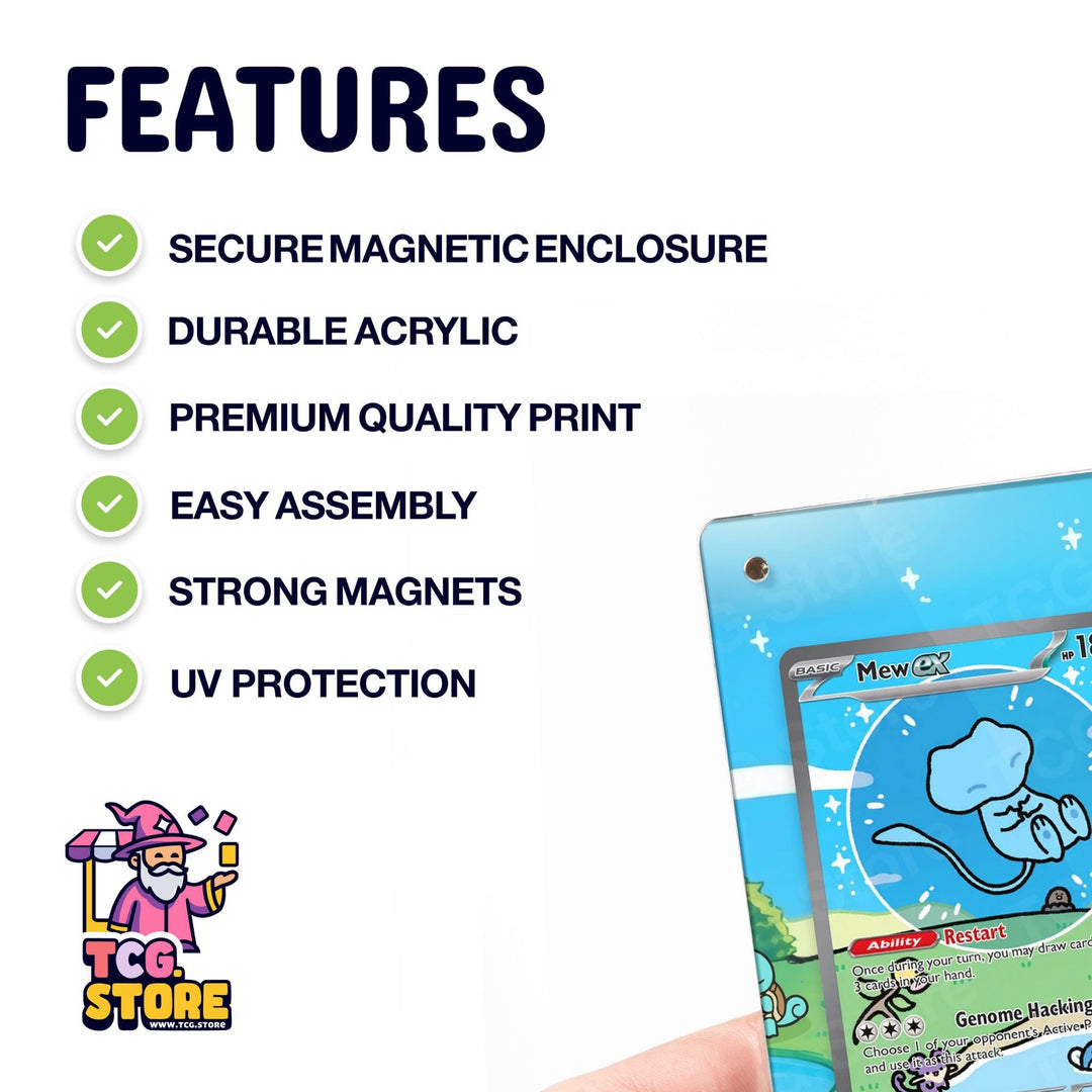a Pokémon trading card with various features highlighted, such as secure magnetic enclosure, durable acrylic, premium quality print, easy assembly, strong magnets, and UV protection.
