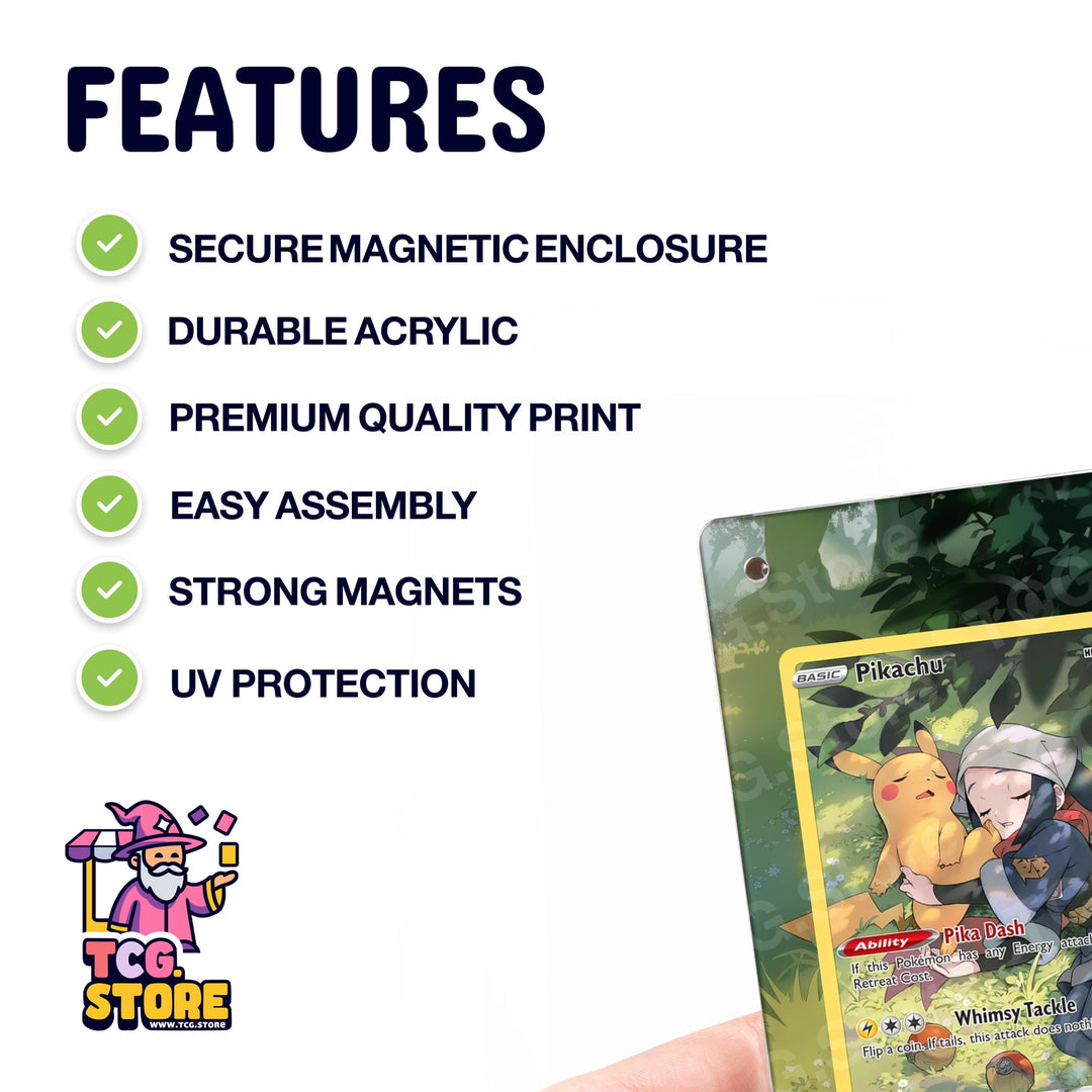 a Pokémon-themed trading card with a hand holding it, and there are several features listed below the card.