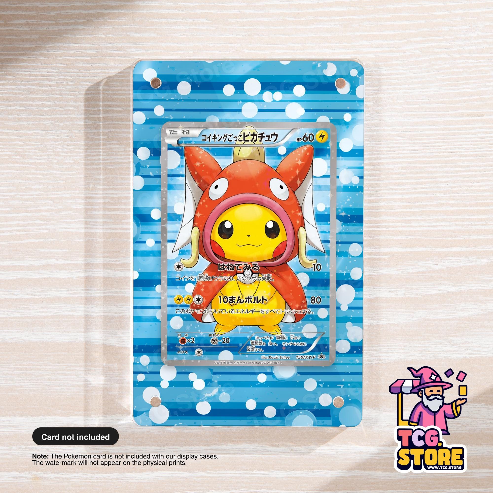 A Pokemon card featuring Pikachu, a popular Pokémon character, wearing a red and yellow costume with large eyes and a yellow nose. The card is displayed on a blue and white polka dot background.
