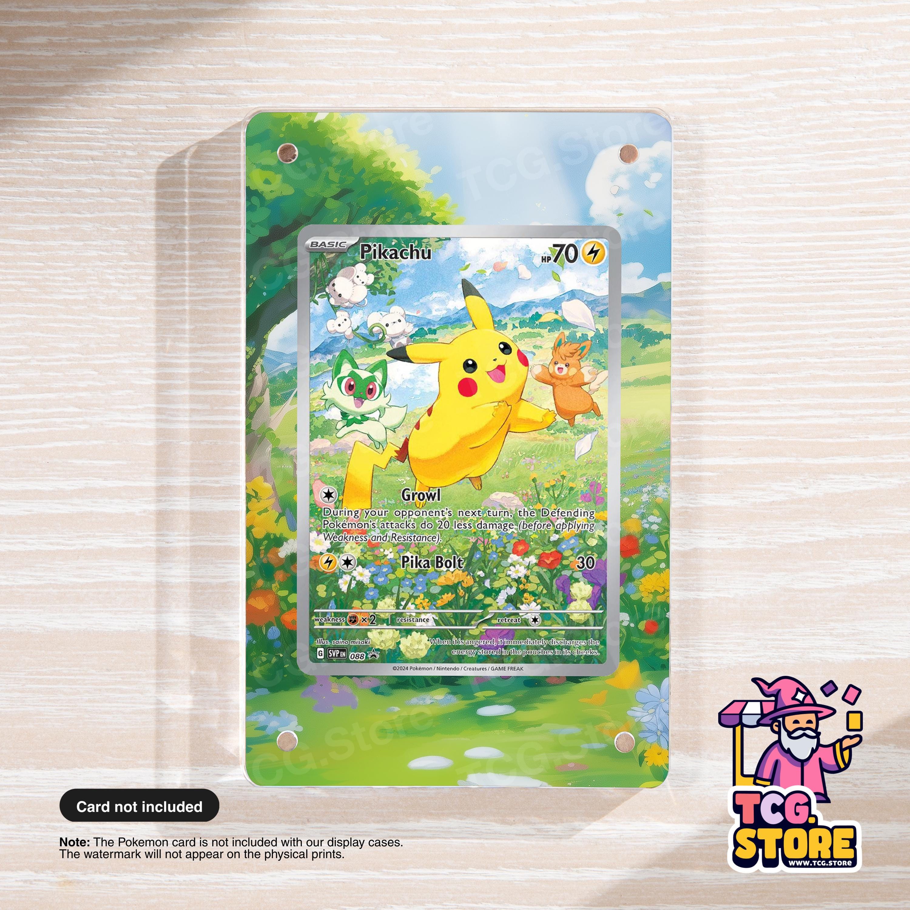 A Pokémon Pokémon card featuring Pikachu, a yellow and black Pokémon character, is displayed on a clear plastic stand. The card is set against a vibrant, colorful background depicting a lush, green landscape with flowers and trees.