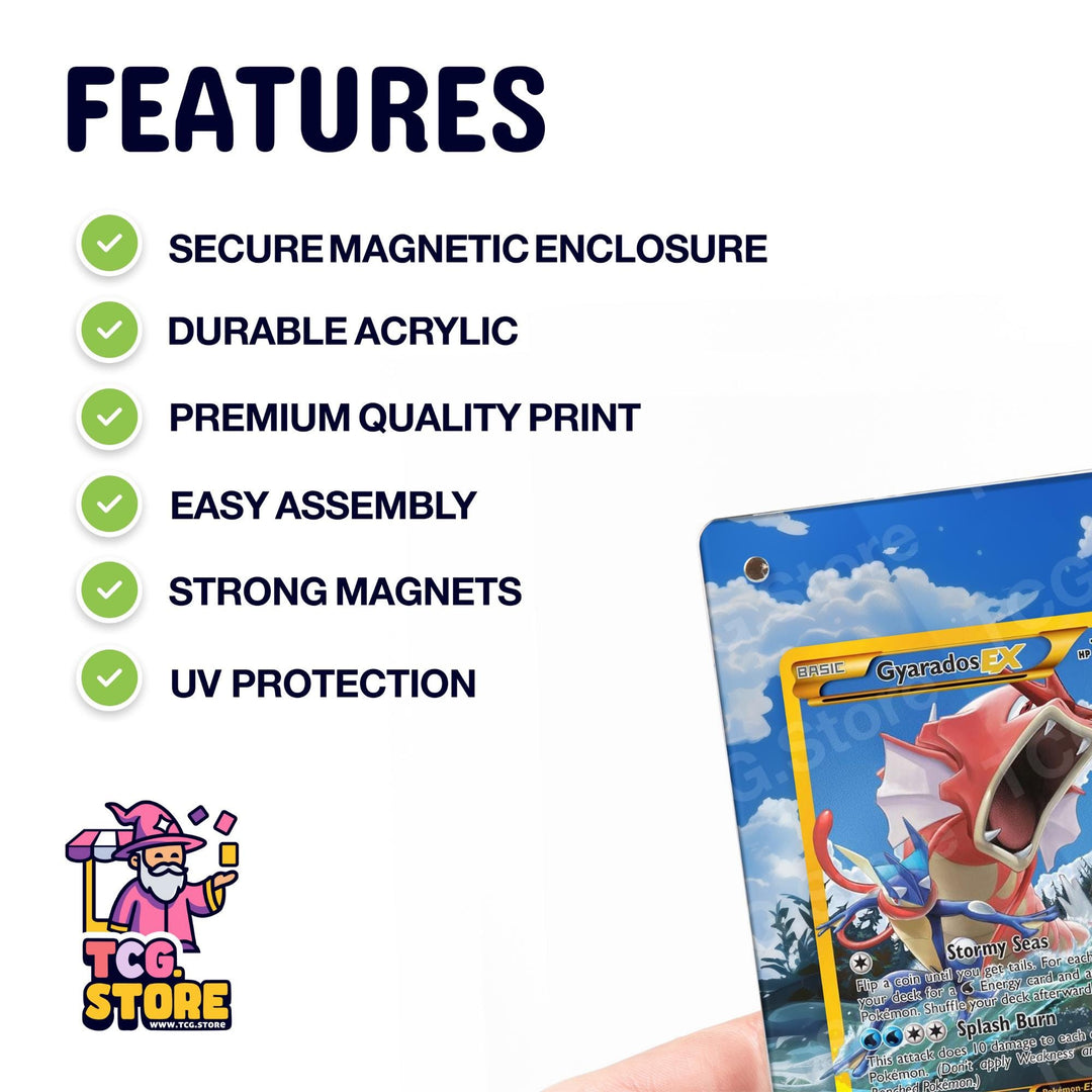 a hand holding a Pokémon trading card, specifically a Pokémon Gyrazos X card, with a list of features highlighted on the card.